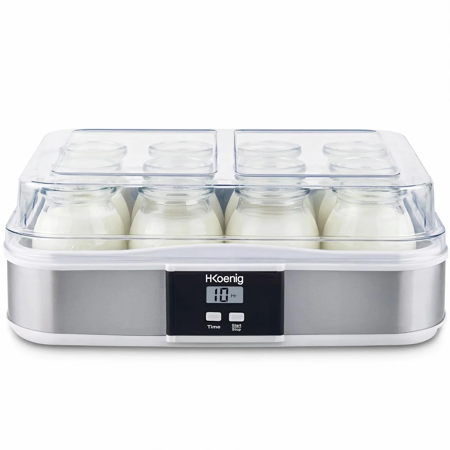 H.Koenig ELY120 urządzenie do przygotowywania jogurtów, pojemność 12 x 160 ml, programowalny, wyświetlacz LCD, obudowa ze stali nierdzewnej, nie zawiera BPA, nadaje się do mycia w zmywarce