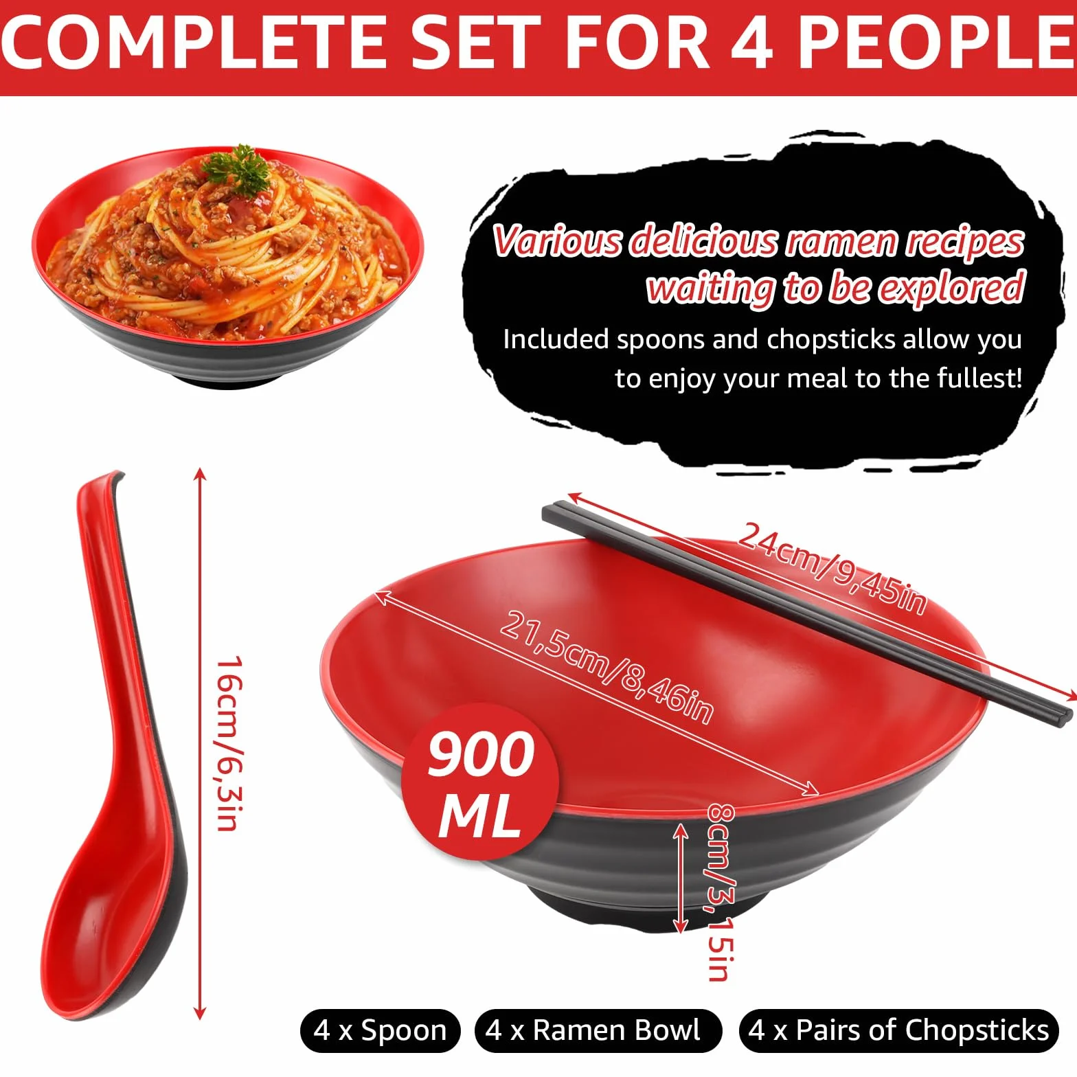 4-częściowy zestaw misek do ramenu, miska z łyżeczką i pałeczkami, miska do ramen 1000 ml, zestaw misek do ramenu Buldak, makaron udon, chiński makaron, ramen Nissin (czerwony)