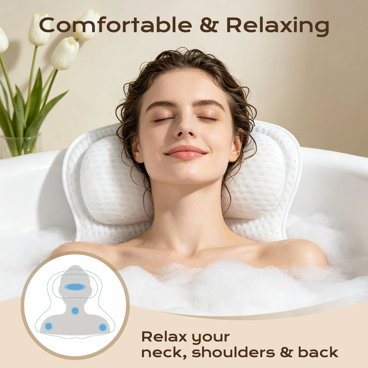 Flintronic Poduszka do kąpieli, luksusowa poduszka do wanny 4D na głowę, szyję, ramiona i plecy, ergonomiczna, oddychająca siatkowa poduszka do wanny SPA z 6 mocnymi przyssawkami, pasuje do wszystkich