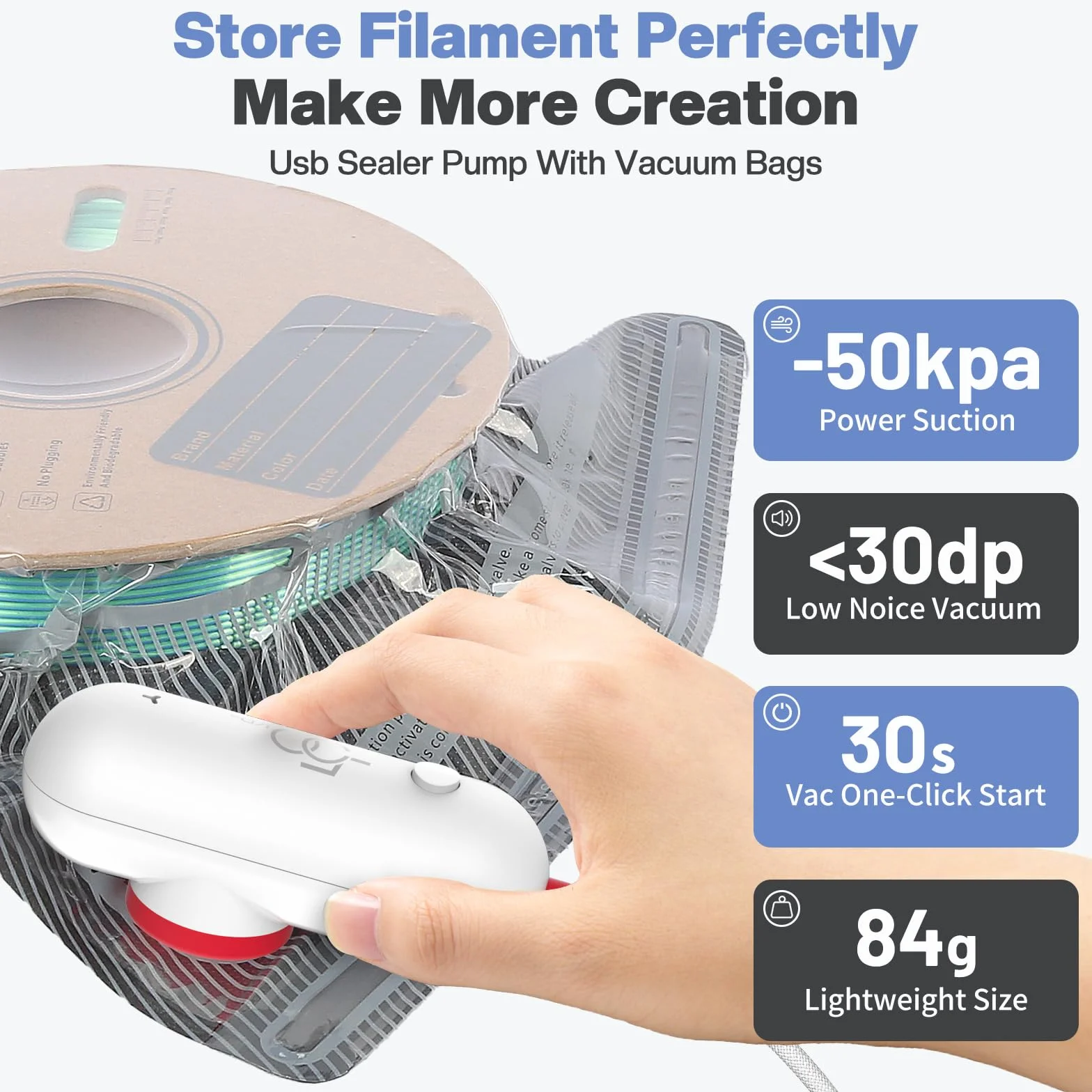 Vacbird Zestaw próżniowy do przechowywania filamentu 3D, 30 worków czarnych z pompą USB 30x34 cm