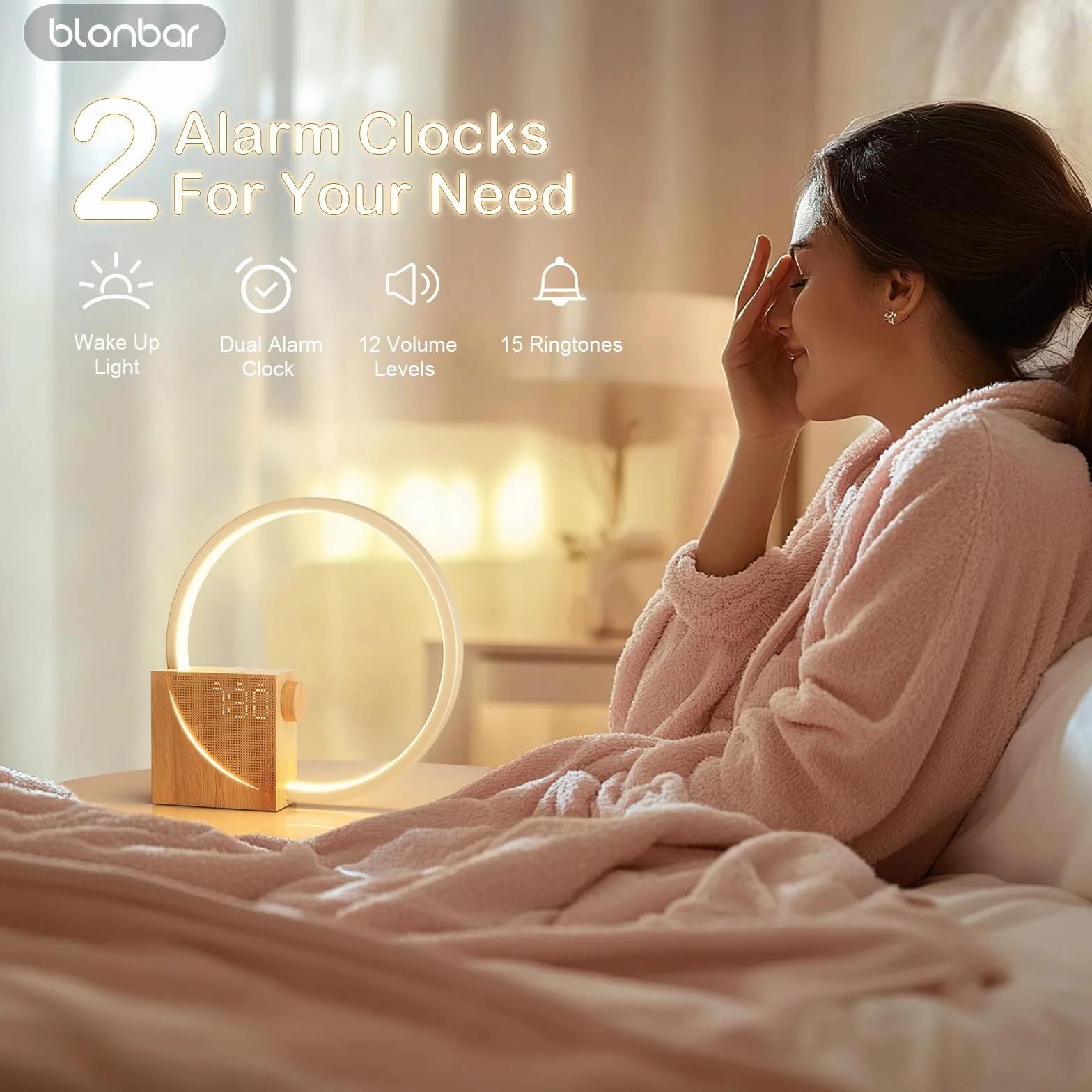 blonbar Lampka nocna z budzikiem świetlnym Wake Up, lampa stołowa z funkcją ładowania USB 10 W, sterowanie dotykowe, ściemniana,3 poziomy jasności