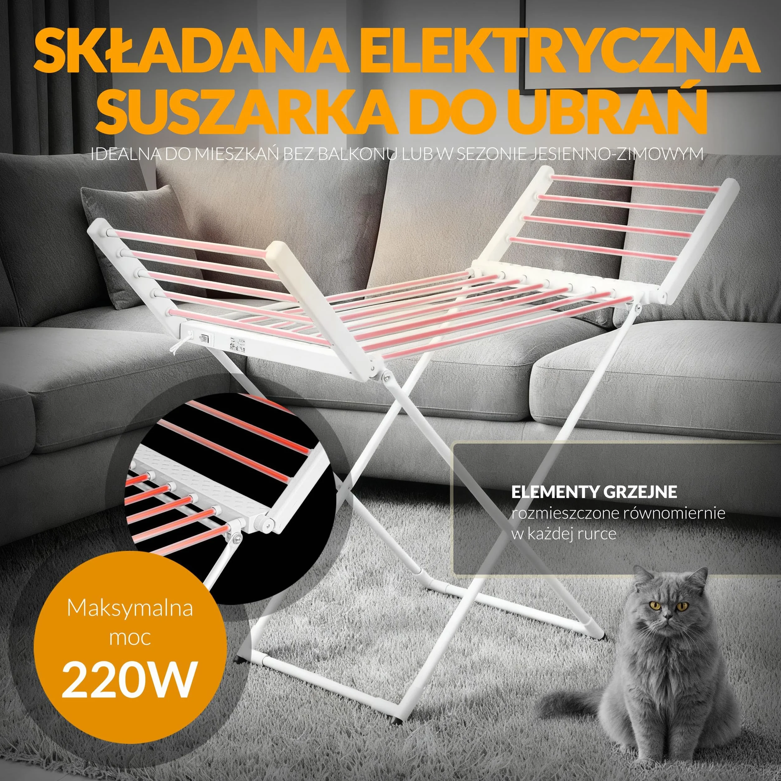 Elektryczna suszarka na pranie, Suszarka do ubrań z 18 prętami grzejnymi, Podgrzewany stojak do suszenia prania o mocy 220W, 148 x 52,5 x 90 cm, Skraca czas suszenia, IP22, Srebrno-Biała