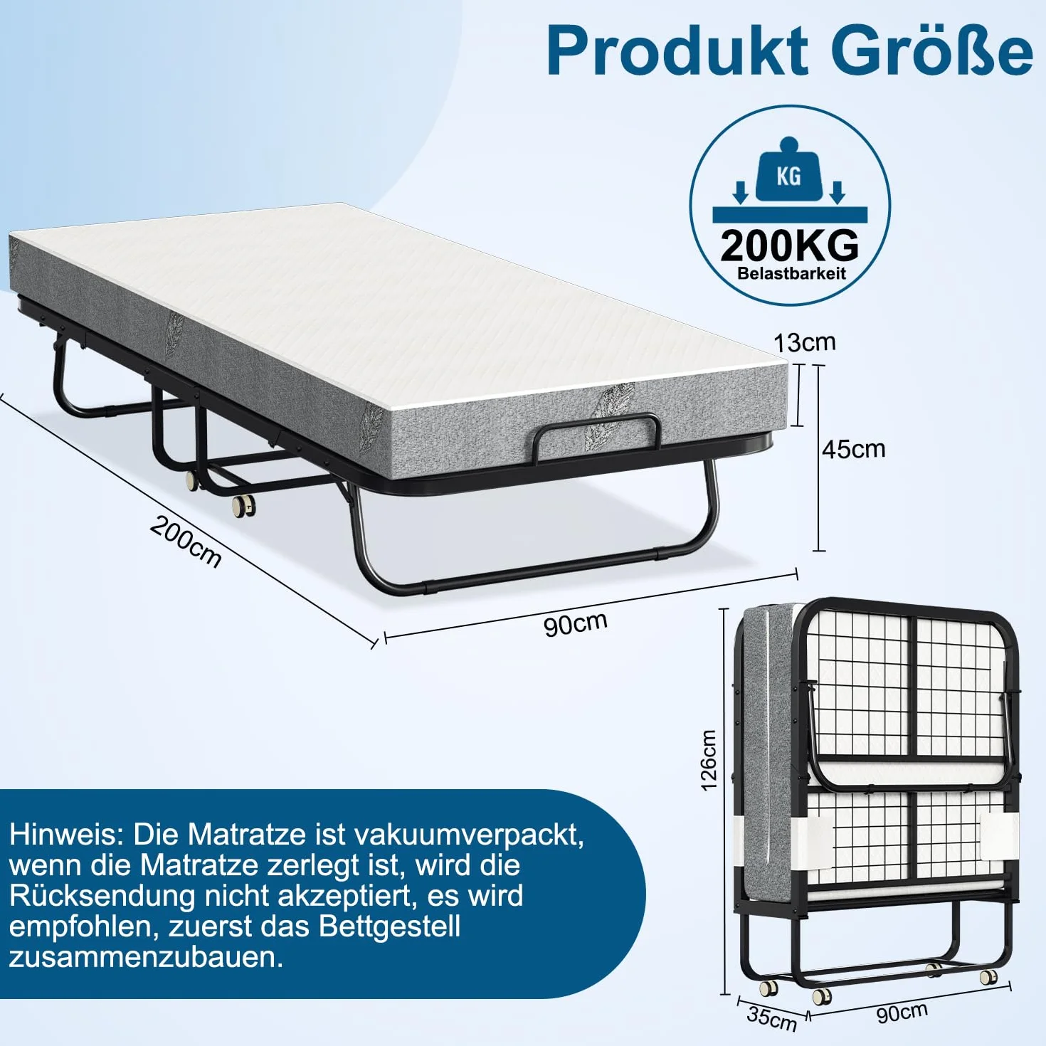 ISOSIL Łóżko składane 90x200cm dla gości, składane z 13CM materacą z pianki, składane łóżko z metalową ramą, łoże składane z kółkami, składane metalowe łóżko o ładowności 200 kg, szczotkowane