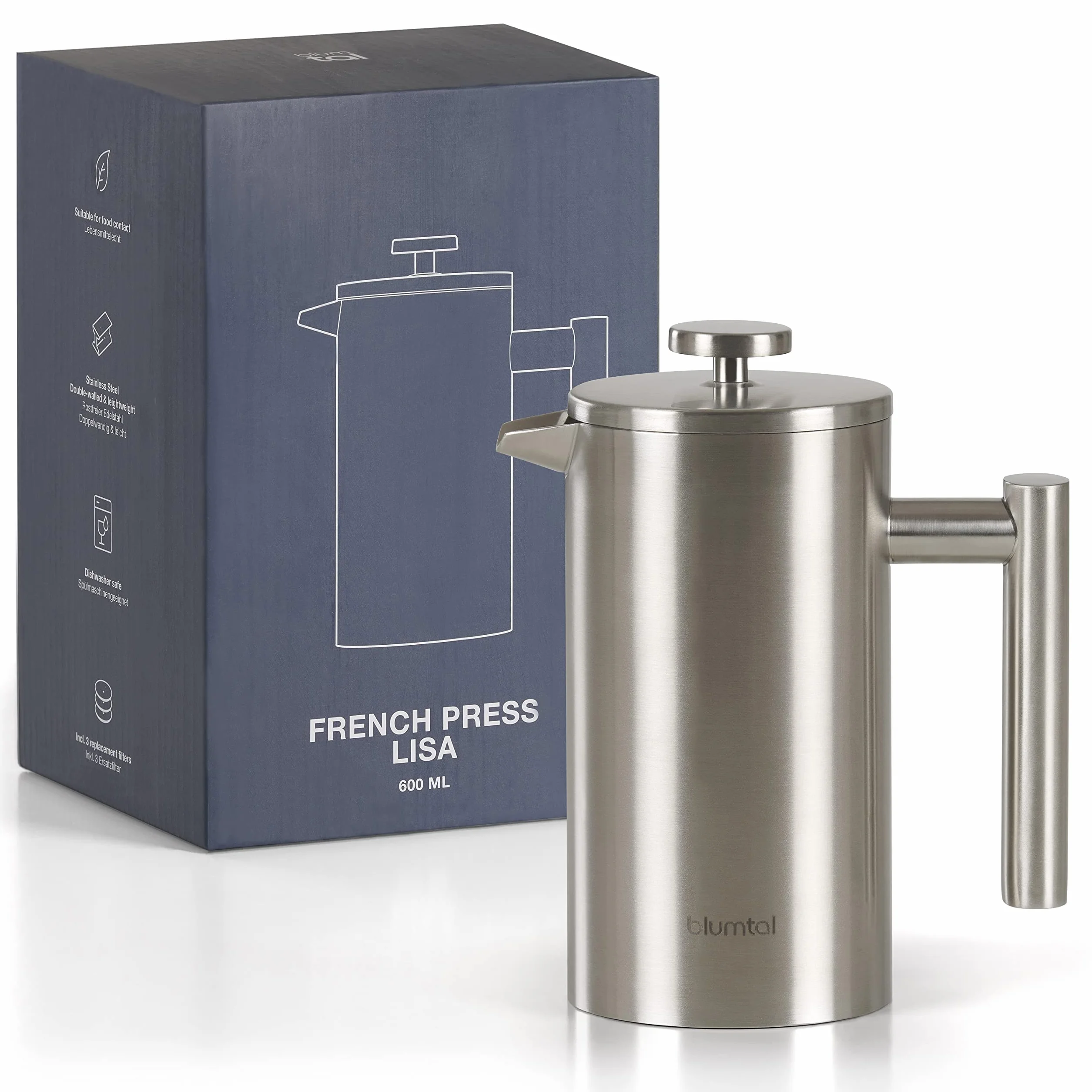 Blumtal French Press 600 ml - Stal nierdzewna, izolacja, miarka, filtr, instrukcja