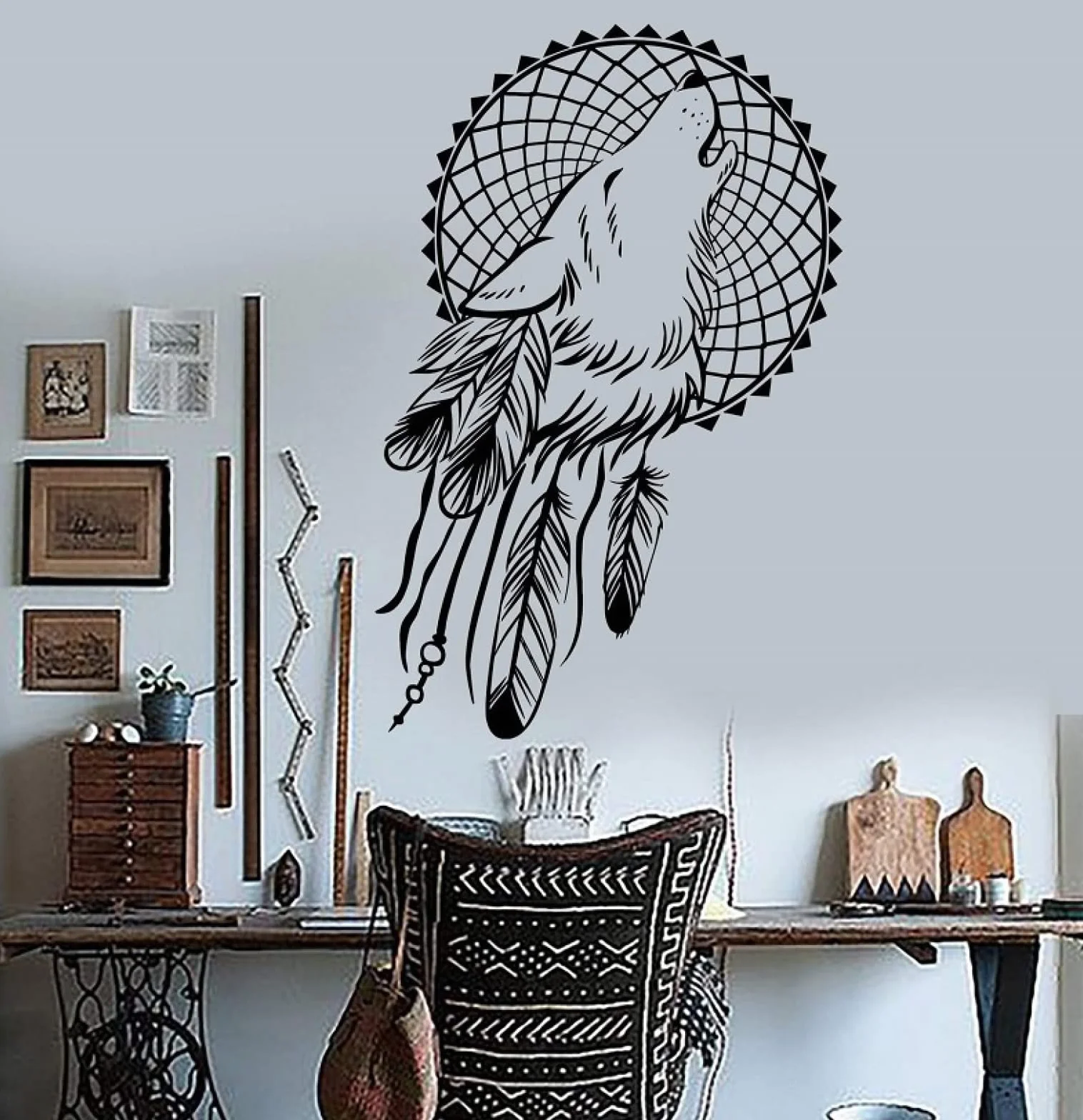 Naklejka ścienna łapacz snów wilk sypialnia łapacz snów dekoracja ścienna naklejka mural, nr 1 czarna, 42 x 64 cm