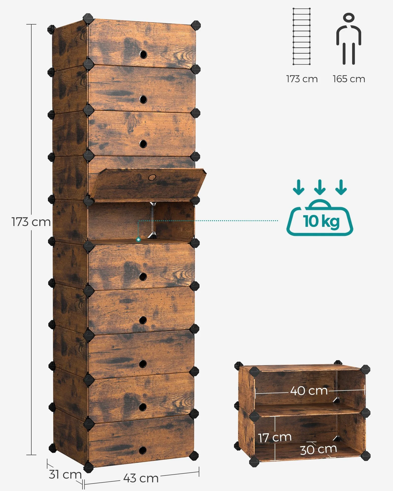 SONGMICS Blokujący stojak na buty, prostokątny organizer do przechowywania, modułowa półka do przechowywania, 40 x 30 x 17 cm, na każdą przegródkę, szafa z tworzywa sztucznego z drzwiami, rustykalny