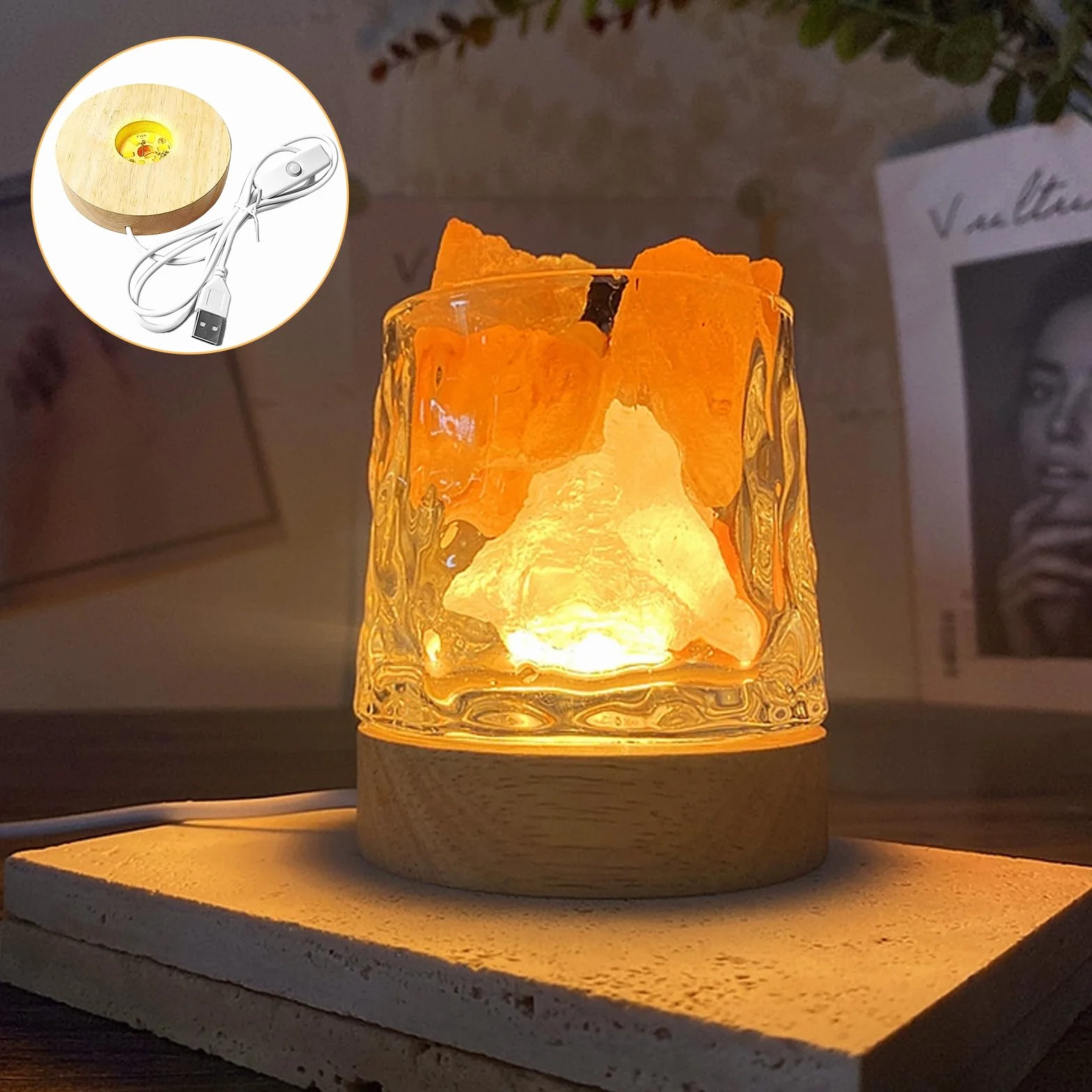 GOMETY Drewniana podstawa świetlna LED, USB LED do szkła akrylowego, ciepły kolor, drewniana podstawa LED, kwadratowa/okrągła, podstawa wyświetlacza do soczewek kryształowych, szkła, akrylu,