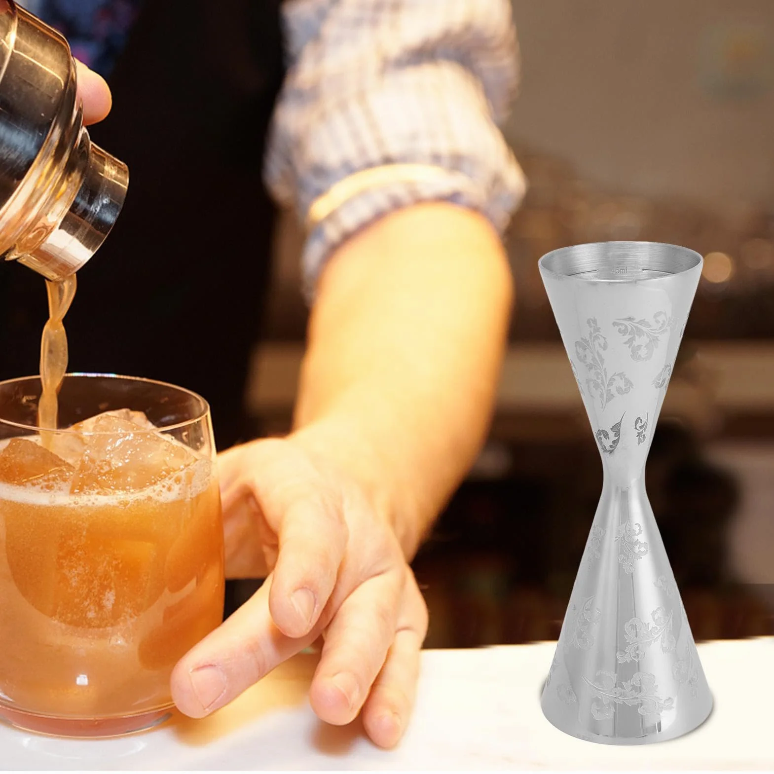 Koktajl z miarką, Jigger Bar Jigger Kubek Barista Podwójna głowa Dozowniki koktajlowe ze stali nierdzewnej z paskami ze stali nierdzewnej do baru (Large)