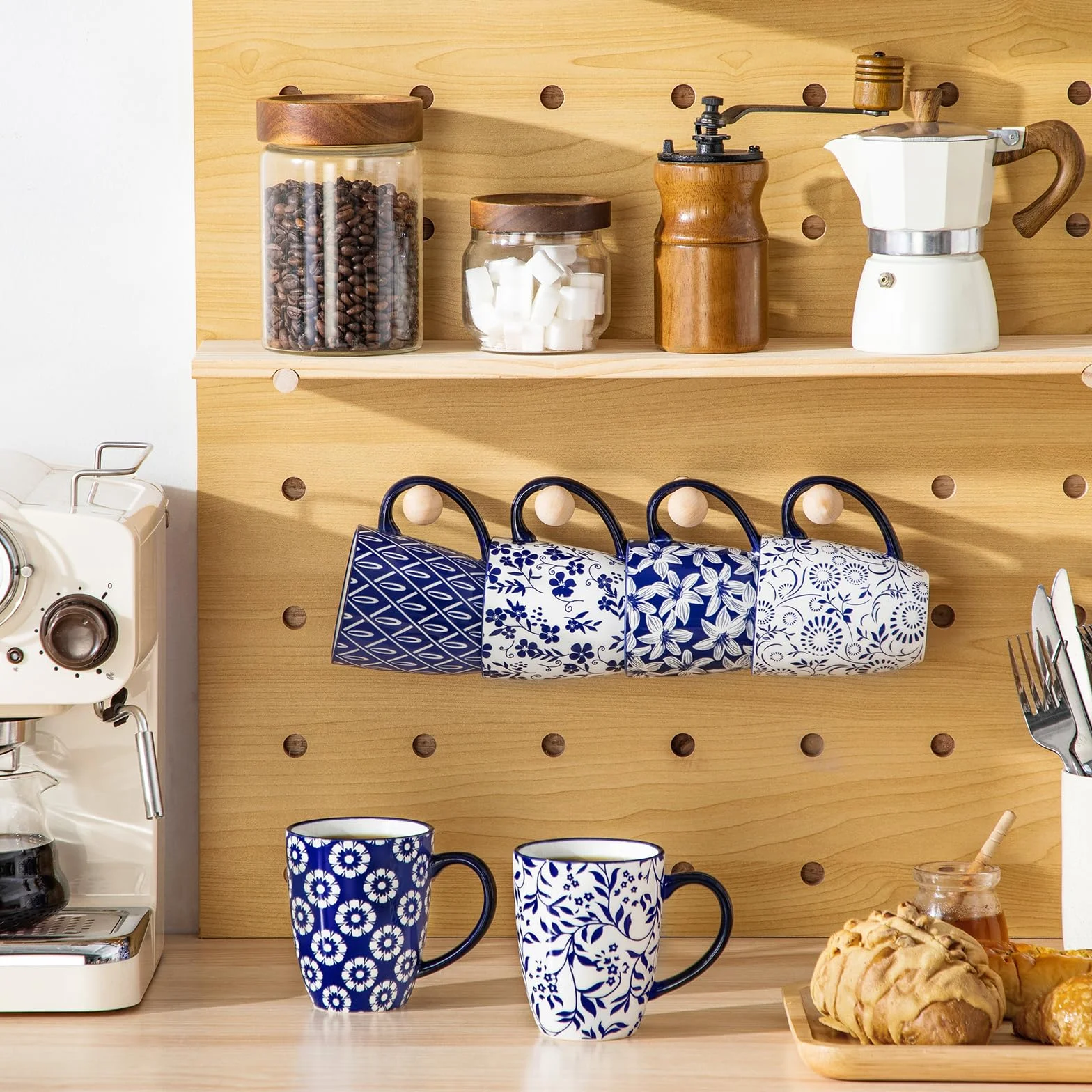 vancasso Zestaw 6 filiżanek do kawy, SELENE filiżanki z porcelany, 360 ml kubek do kawy z uchwytem, filiżanka do kawy, mleka, herbaty i kakao, vintage niebiesko-biały