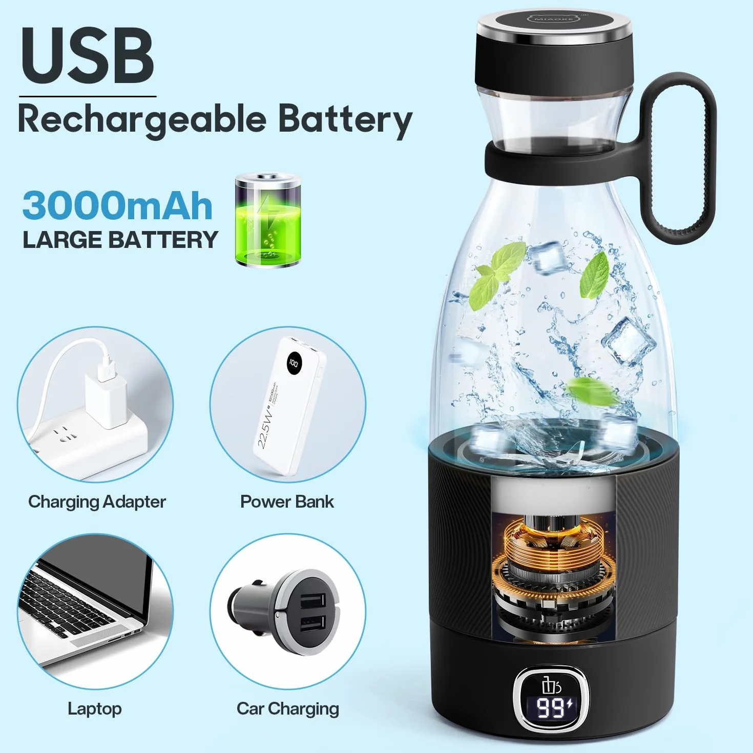 przenośny mikser z 6 ostrzami do koktajli soków i koktajli 350 ml Mini mikser z ekranem LED USB wielokrotnego ładowania, 3000 mAh do domu, sportu, na zewnątrz,