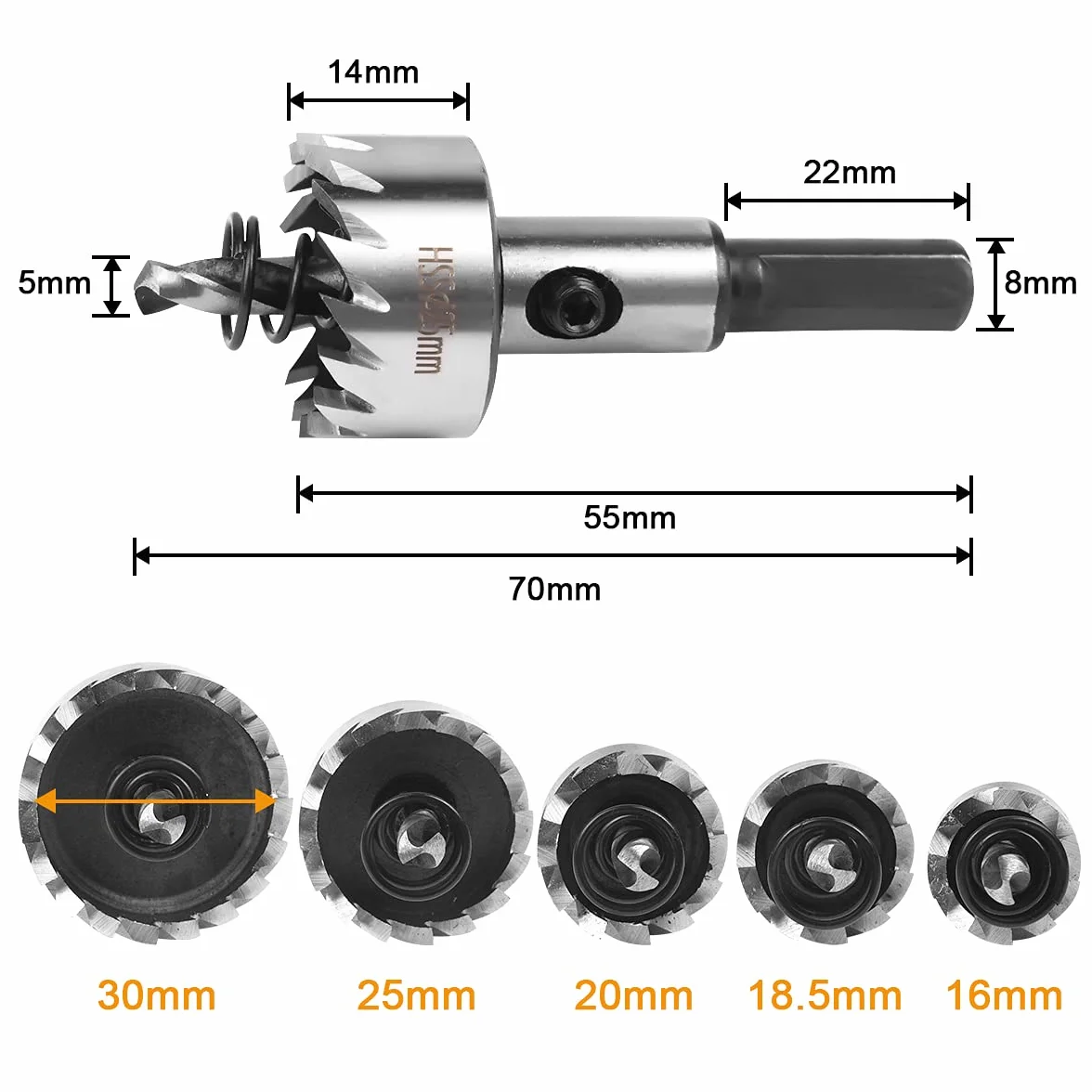 Flintronic Otwornica z twardego metalu, zestaw 5 wierteł z tytanu HASS, 16 mm, 18,5 mm, 20 mm, 25 mm, 30 mm, zestaw narzędzi do stali, stali nierdzewnej, żelaza, mosiądzu, włókna szklanego