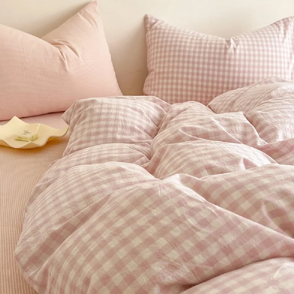 Lanqinglv Pościel 135 x 200 cm, różowo-biała w kratkę, pościel dla alergików, z mikrofibry, Öko-Tex, poszewka na kołdrę z zamkiem błyskawicznym i 1 poszewka na poduszkę 80 x 80 cm