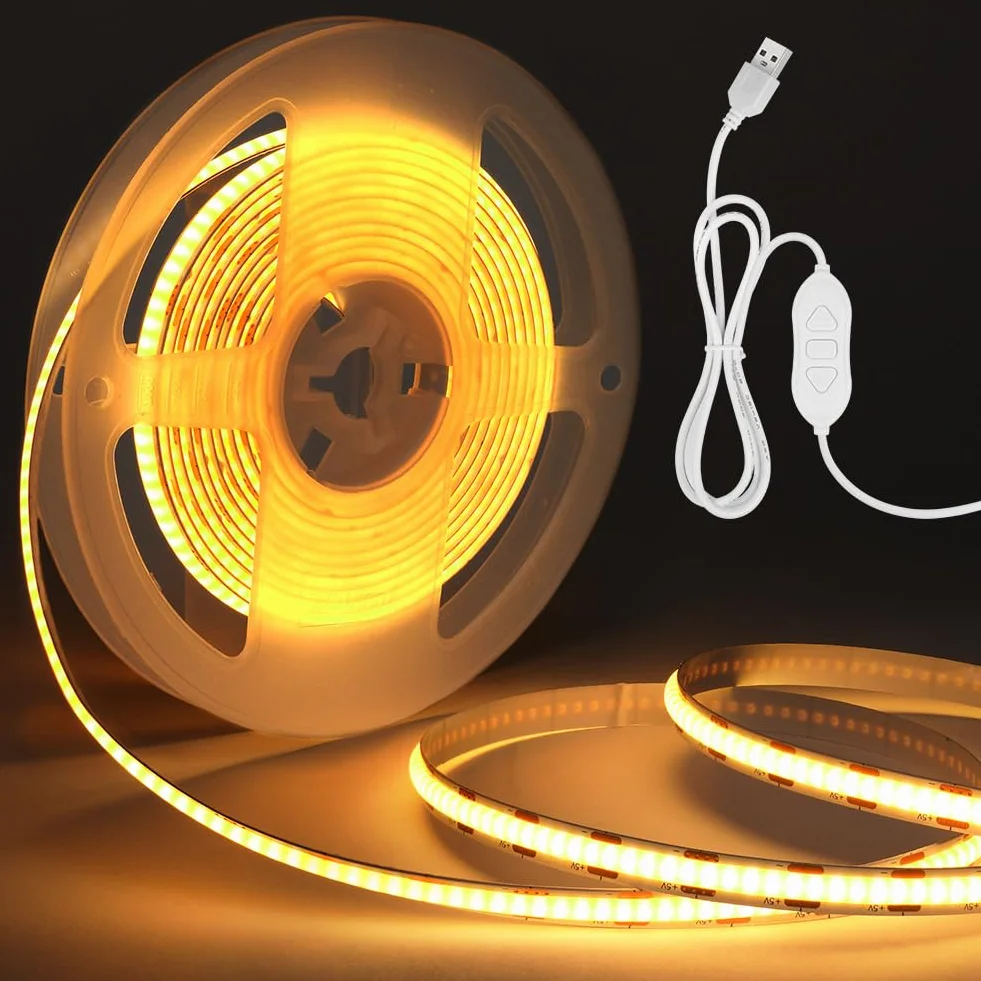 HOTUT Taśma LED COB LED, 3 m, ciepła biel, 5 V, ściemniana, elastyczna, samoprzylepna, do domu, kuchni, lustra, dekoracja