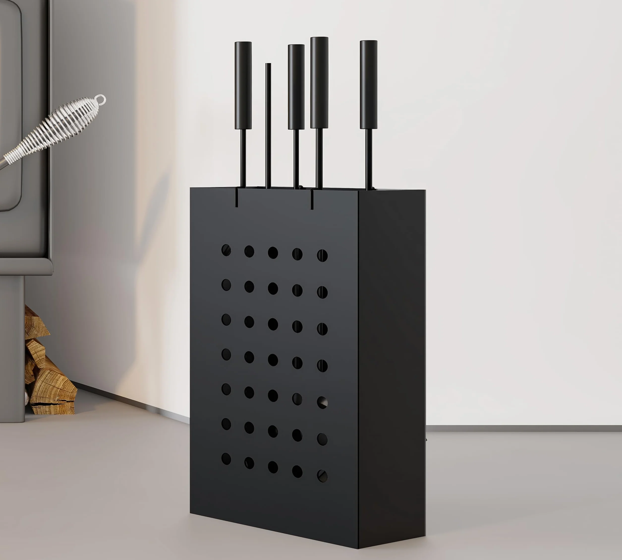 Kingson Zestaw kominkowy Black Iron z prostokątnym wiadrem na popiół, 4 narzędzia do zawieszania (poker, szczotka, łopata, szczypce), kompaktowy zestaw narzędzi kominkowych do palników na drewno