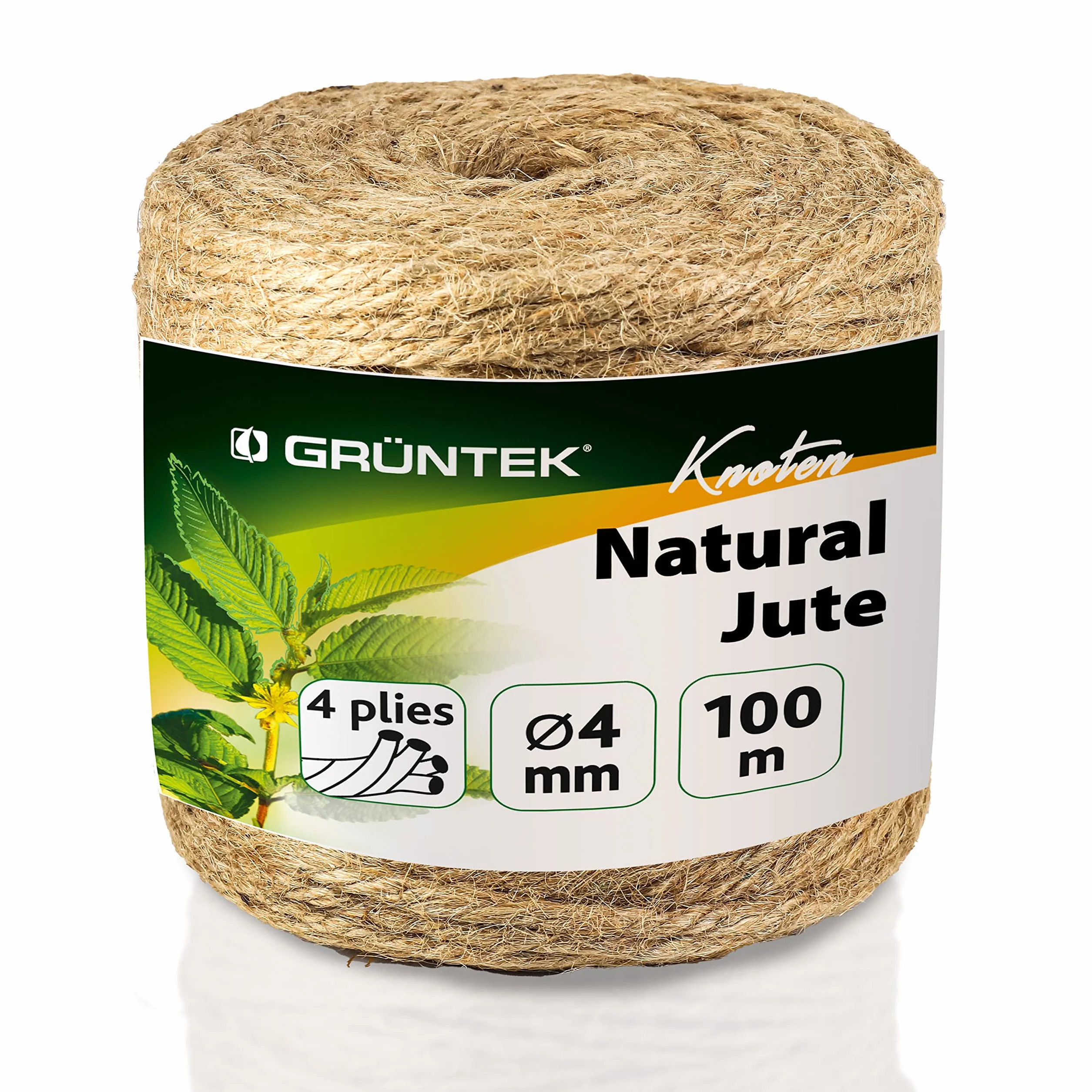 GRÜNTEK Sznurek Jutowy Ogrodowy 4 mm 100m - Naturalny Sznurek do Wiązania i Pakowania, Rzemieślniczy w Rolce