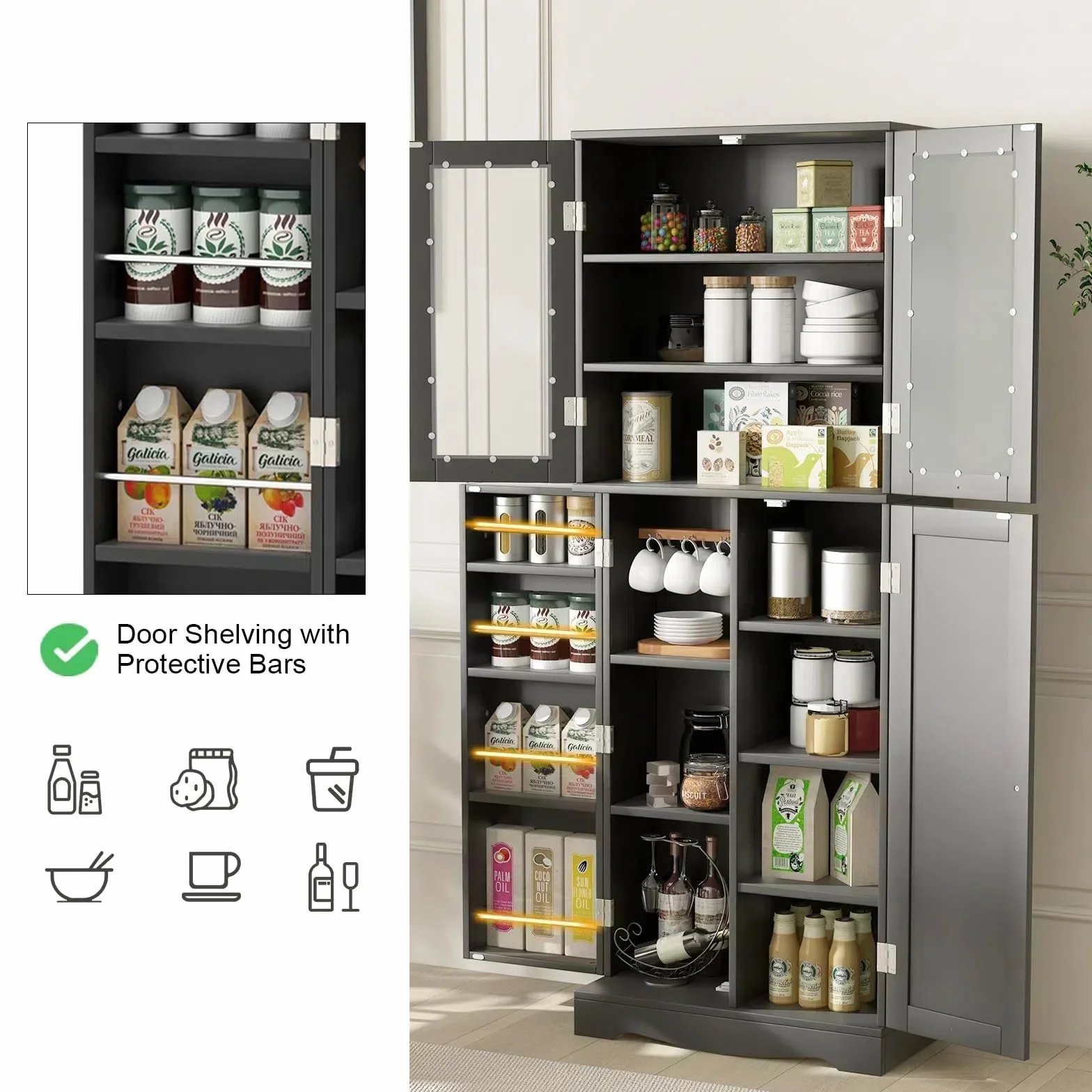 KOMFOTTEU Wysoka szafka witrynowa drewniana, szafka kuchenna łazienkowa ze szklanymi drzwiami i półkami, szafka do przechowywania do salonu, biura, kuchni 60x31,5x161,5 cm (Czarny)