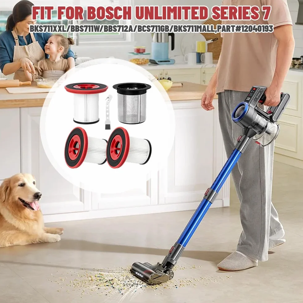 Zestaw 4 filtrów zamiennych do odkurzacza bezprzewodowego Bosch Unlimited Series 7, pasuje do BKS711XXL, BBS711W, BCS711GB, BBS712A, BKS711MALL, 3 filtry HEPA + 1 filtr wstępny ze stali nierdzewnej