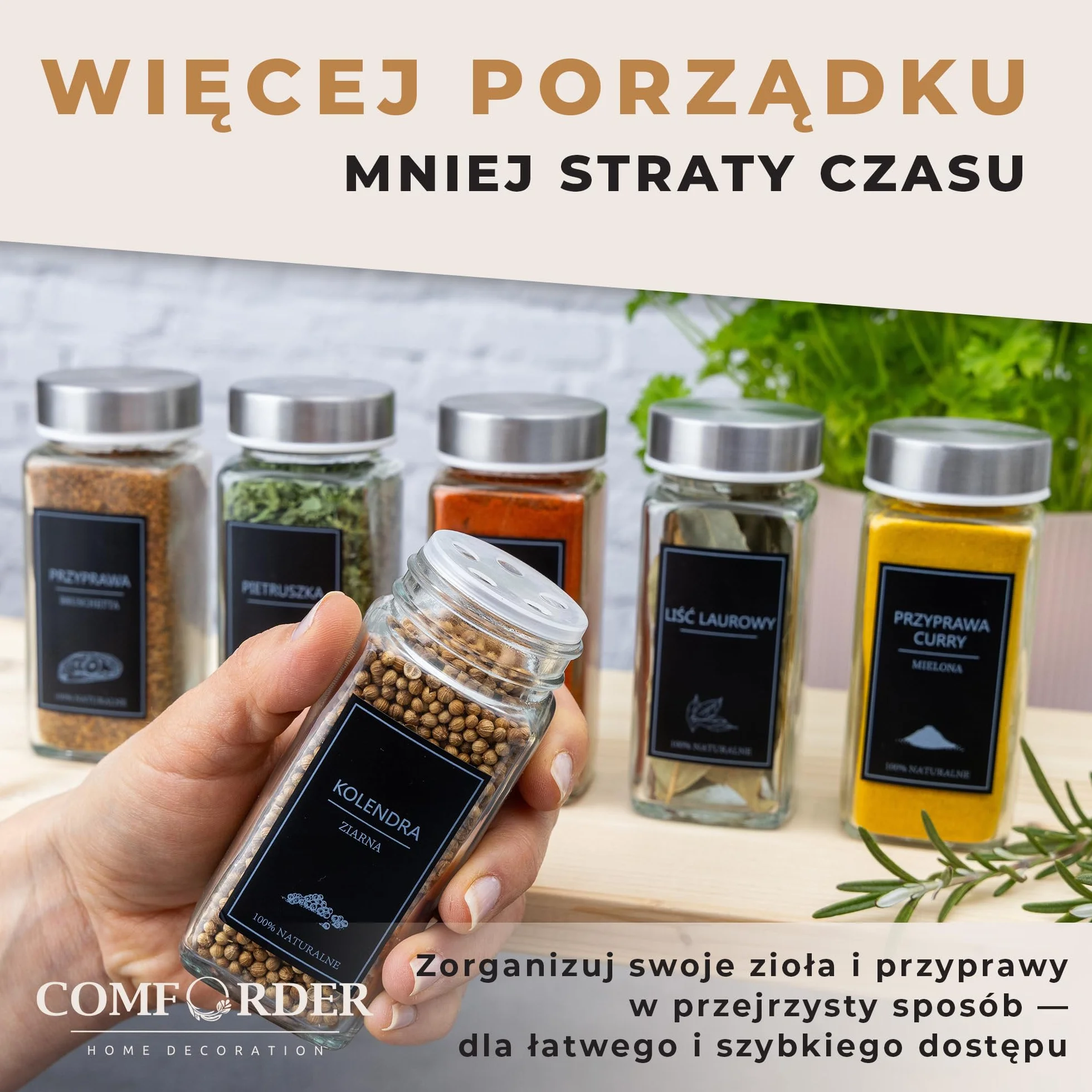 Comforder Zestaw 24 Szklanych Słoiczków na Przyprawy 120ml z 336 Etykietami i Młynkami