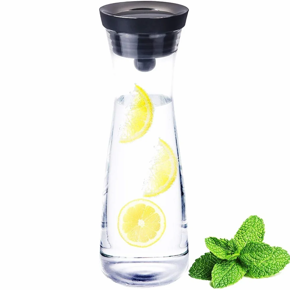 Karafka ze szkła borokrzemowego 1200 ml, dzbanek z pokrywką ze stali nierdzewnej, pyłoszczelna pokrywka i wygodne nalewanie