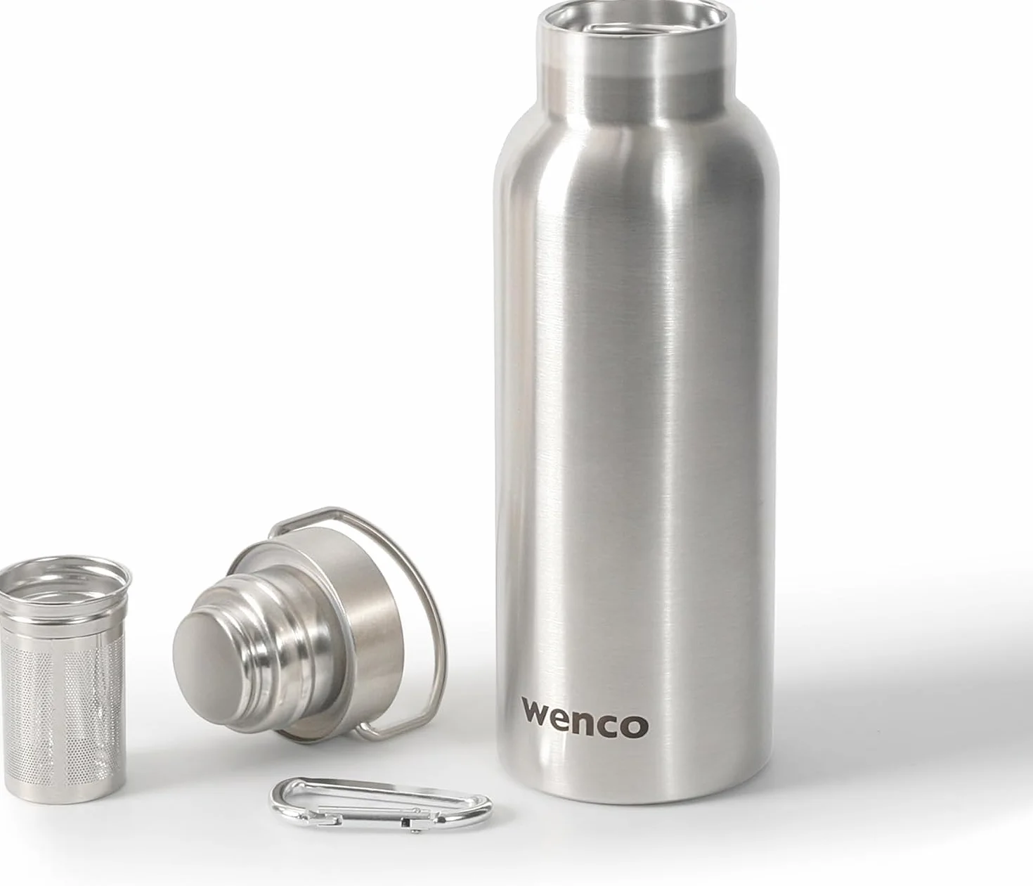 wenco Butelka do picia ze stali nierdzewnej, 0,5 l / 500 ml, izolowana i zabezpieczona przed wyciekiem, do zimnych i gorących napojów, może być również używana jako termos – z sitkiem do herbaty –
