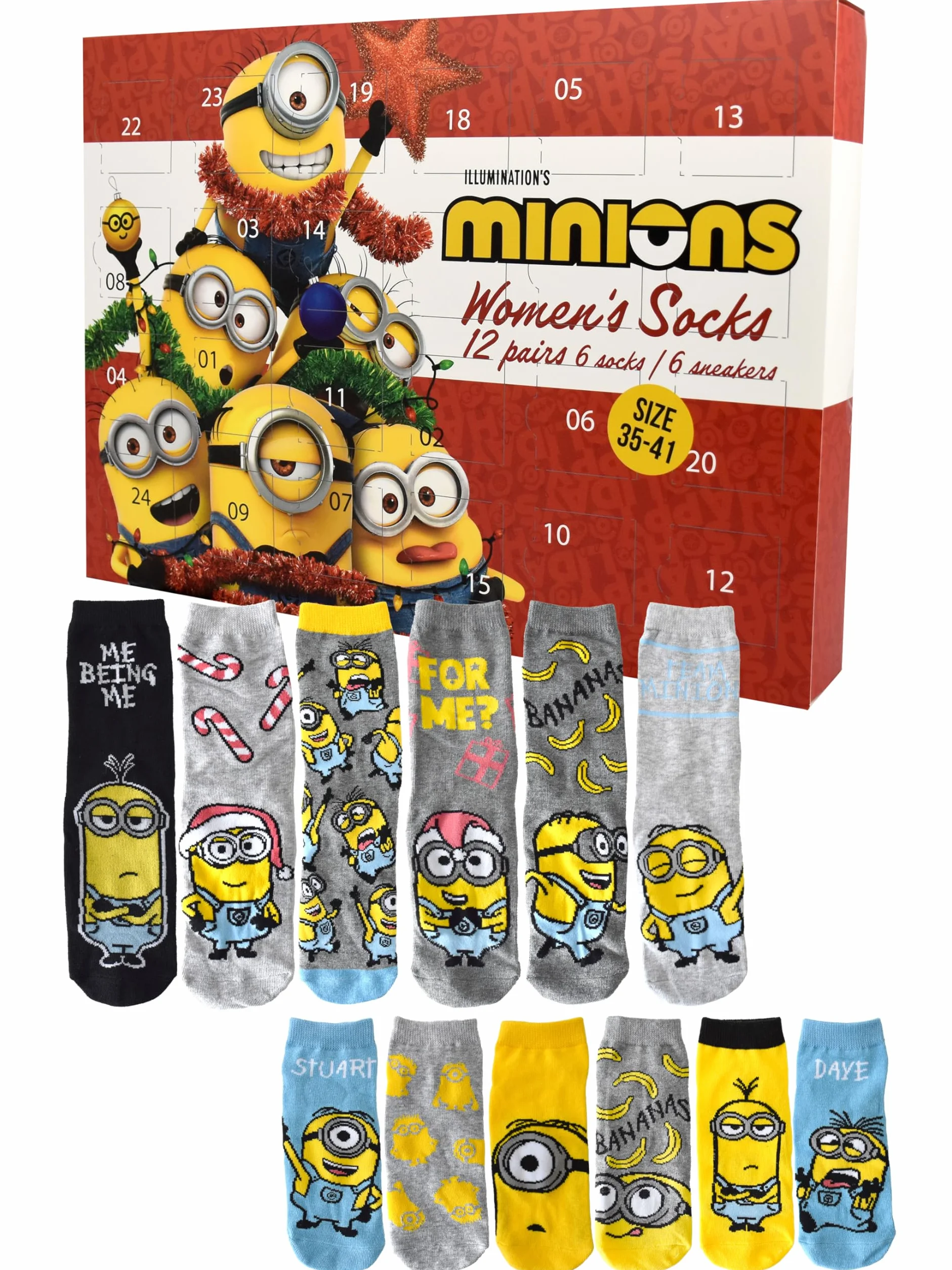 United Labels Kalendarz adwentowy Minions z 12 parami skarpet dla kobiet, rozmiar 35-41, kalendarz z trampkami i długimi skarpetami, prezent świąteczny