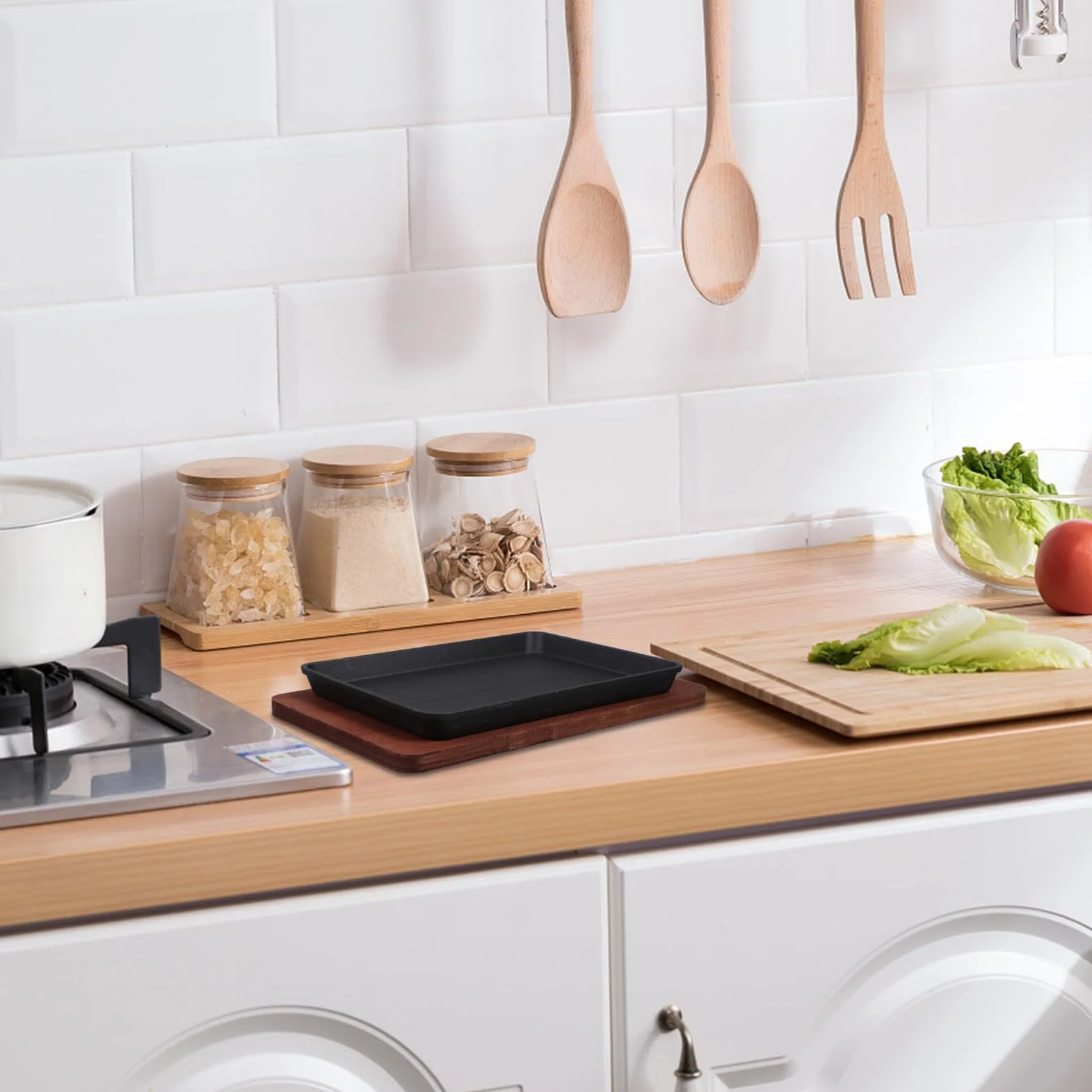 Zerodeko Zestaw Patelni Fajita Z Żeliwa O Dużej Wytrzymałości Zestaw Patelni Fajita Z Drewnianą Podstawą Nieprzywierająca Płyta Do Steków Patelnia Grillowa Do Domowej Restauracji Kuchnia