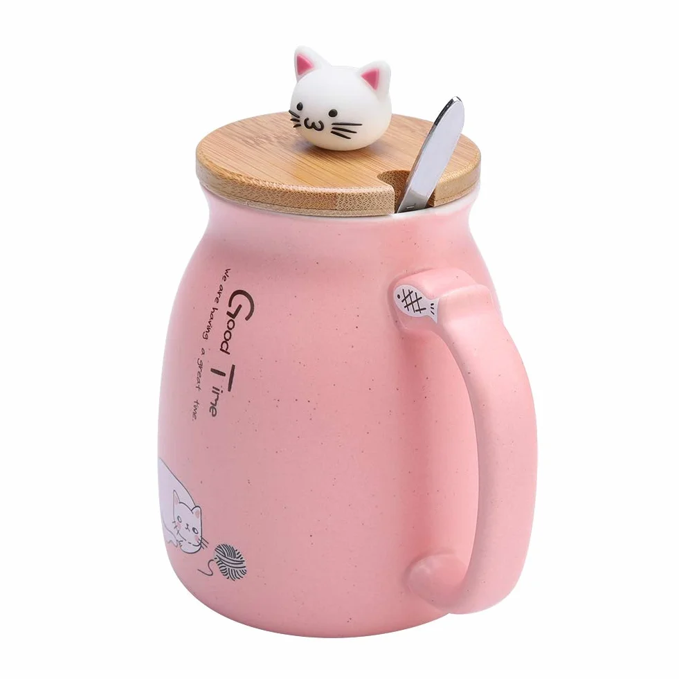 Kubek dla kota 420 ml śliczny ceramiczny kubek do kawy z pięknym kotkiem drewniana pokrywka łyżka ze stali nierdzewnej, poranna filiżanka herbata mleko świąteczny kubek(Pink)