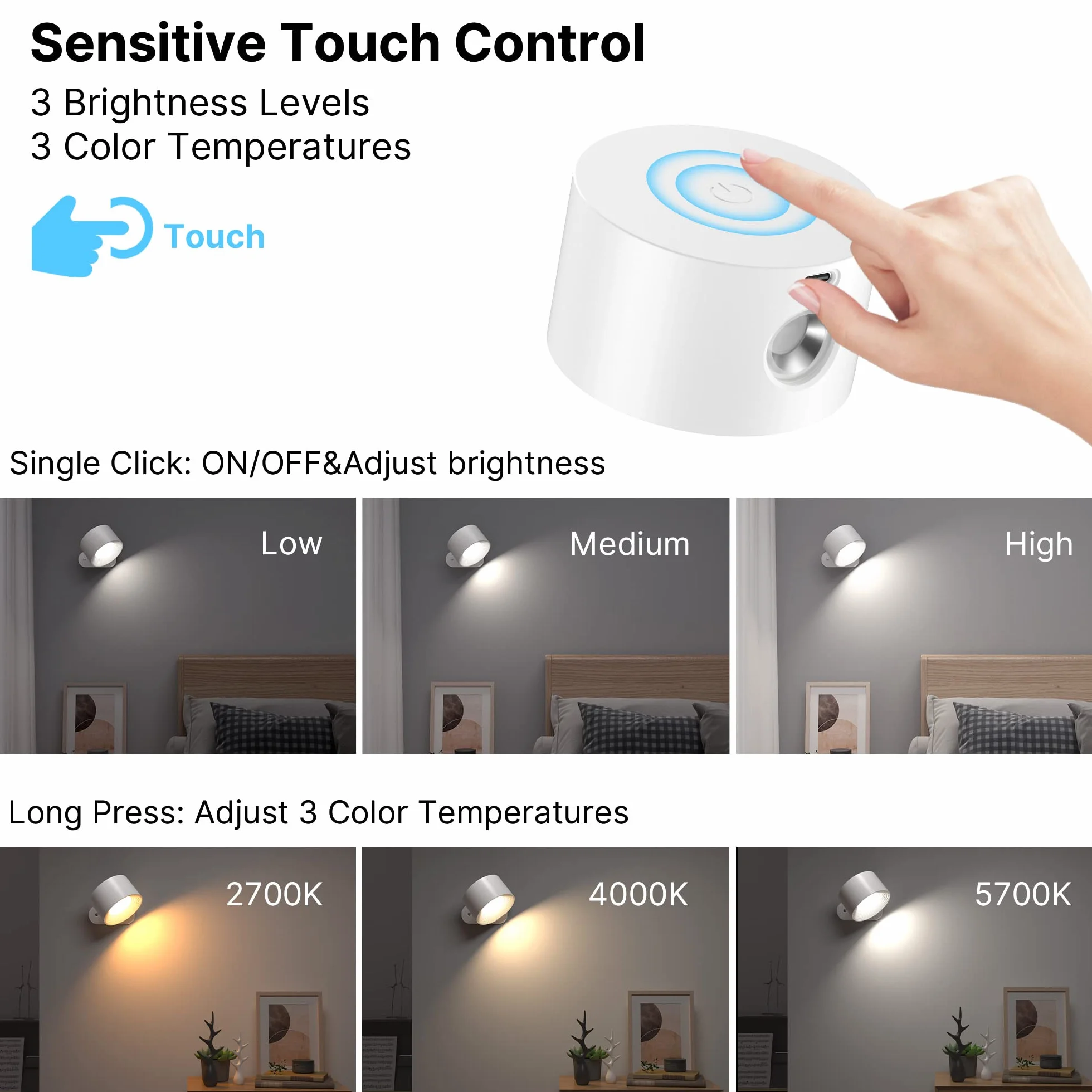 Mexllex Lampa ścienna do wnętrz, 2 sztuki, lampa ścienna z ładowaniem przez USB, 3 kolory i 3 poziomy jasności, lampa ścienna LED, do wnętrz, obracana o 360°, sterowanie dotykowe, bezprzewodowa lampa