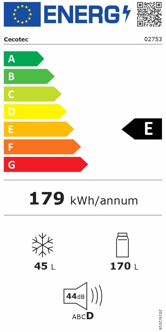 Cecotec 2-drzwiowa lodówka 215 l Bolero CoolMarket 2D Origin 215 Black E. Wysokość 148,2 cm i 55,2 cm szerokości, LED, chromowany uchwyt, szklane tace, regulacja temperatury, czarny