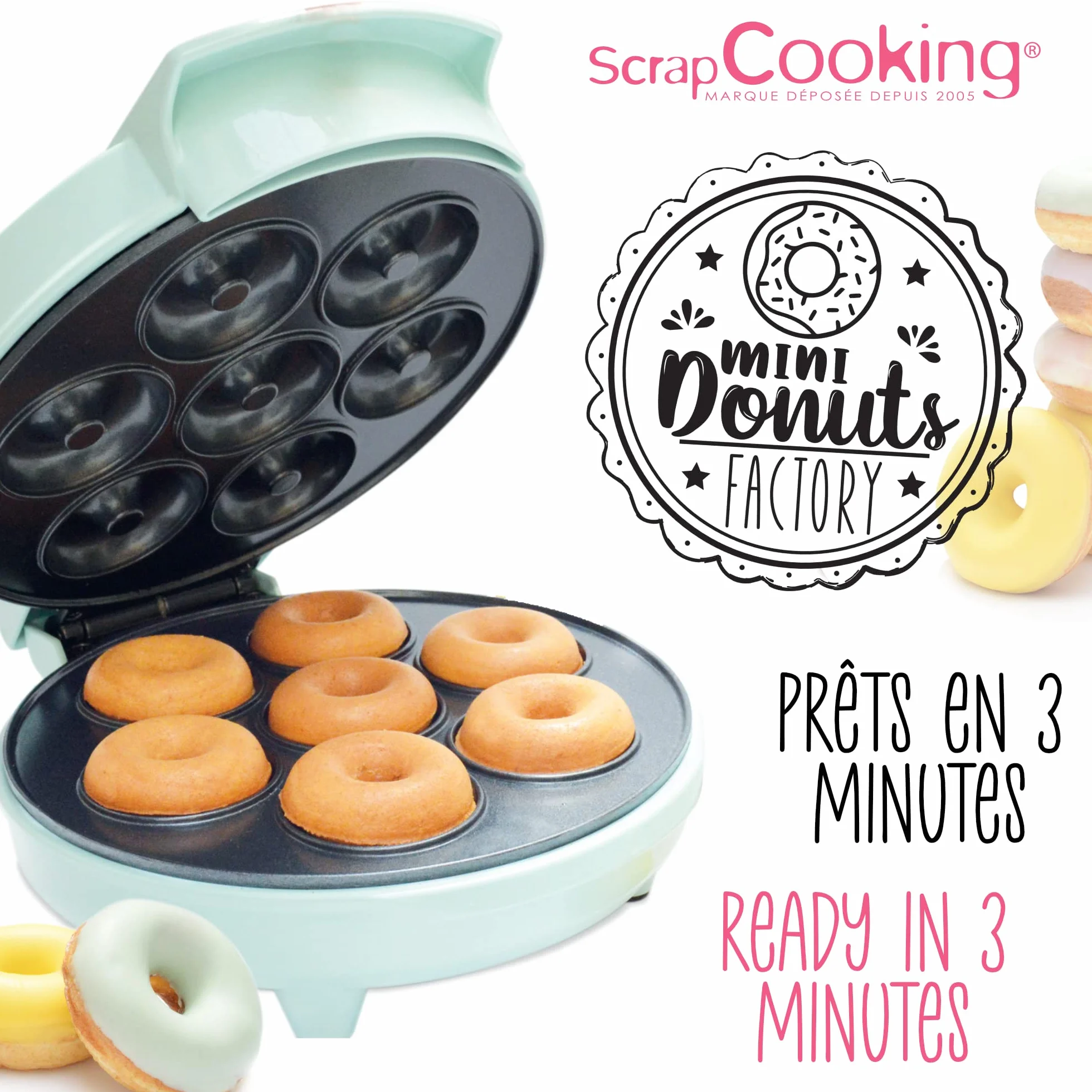 ScrapCooking Fabryka Mini Donuts - Maszyna do małych pączków i pączków - z nieprzywierającą płytą grzewczą - pomysł na prezent do pieczenia - z przepisami - zieleń wodna - 3887