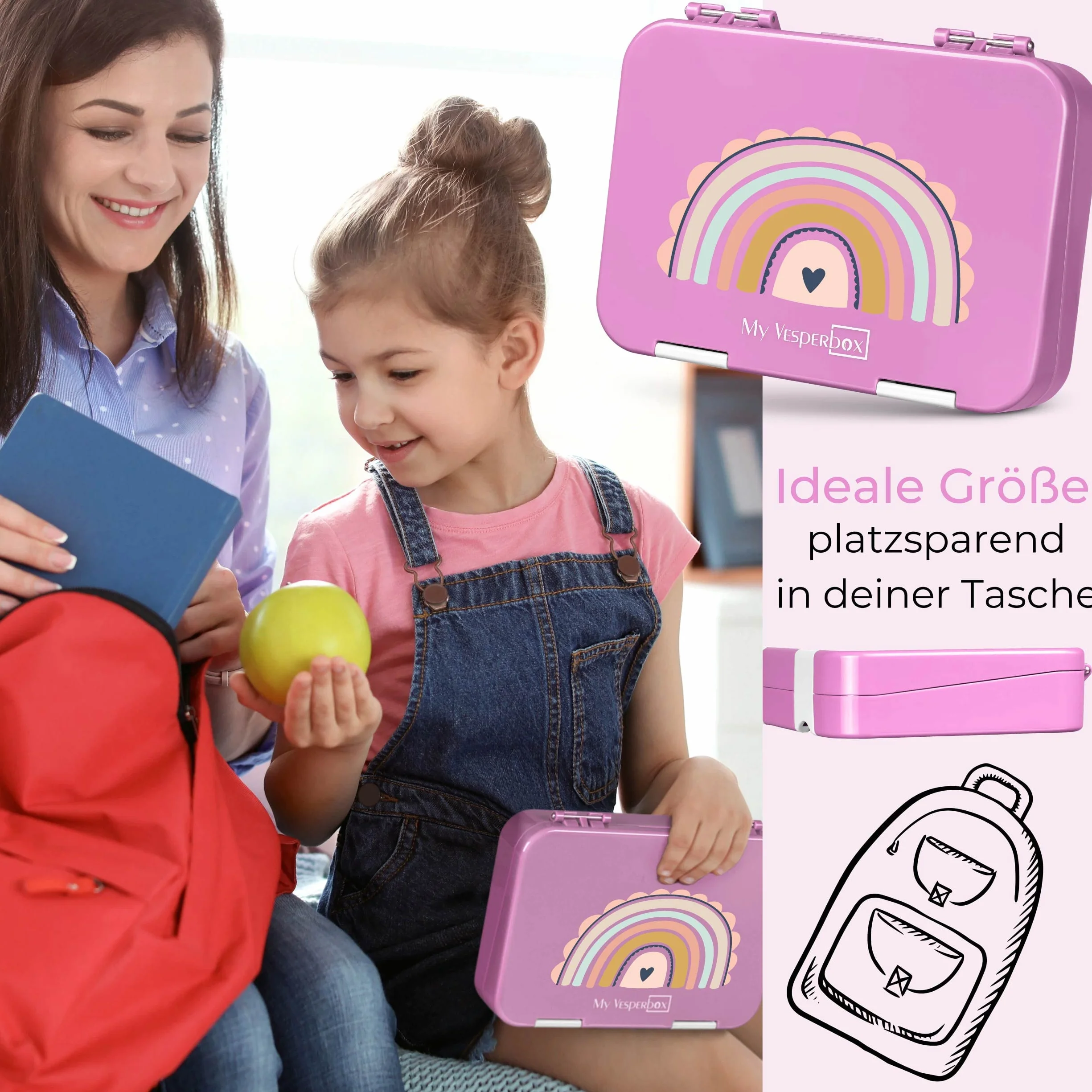 My Vesperbox Len Bento Box pudełko na lunch dla dzieci, 4 + 2 przegródki, bardzo wytrzymałe pudełko na kanapki, idealne do przedszkola i szkoły (różowy, tęcza)