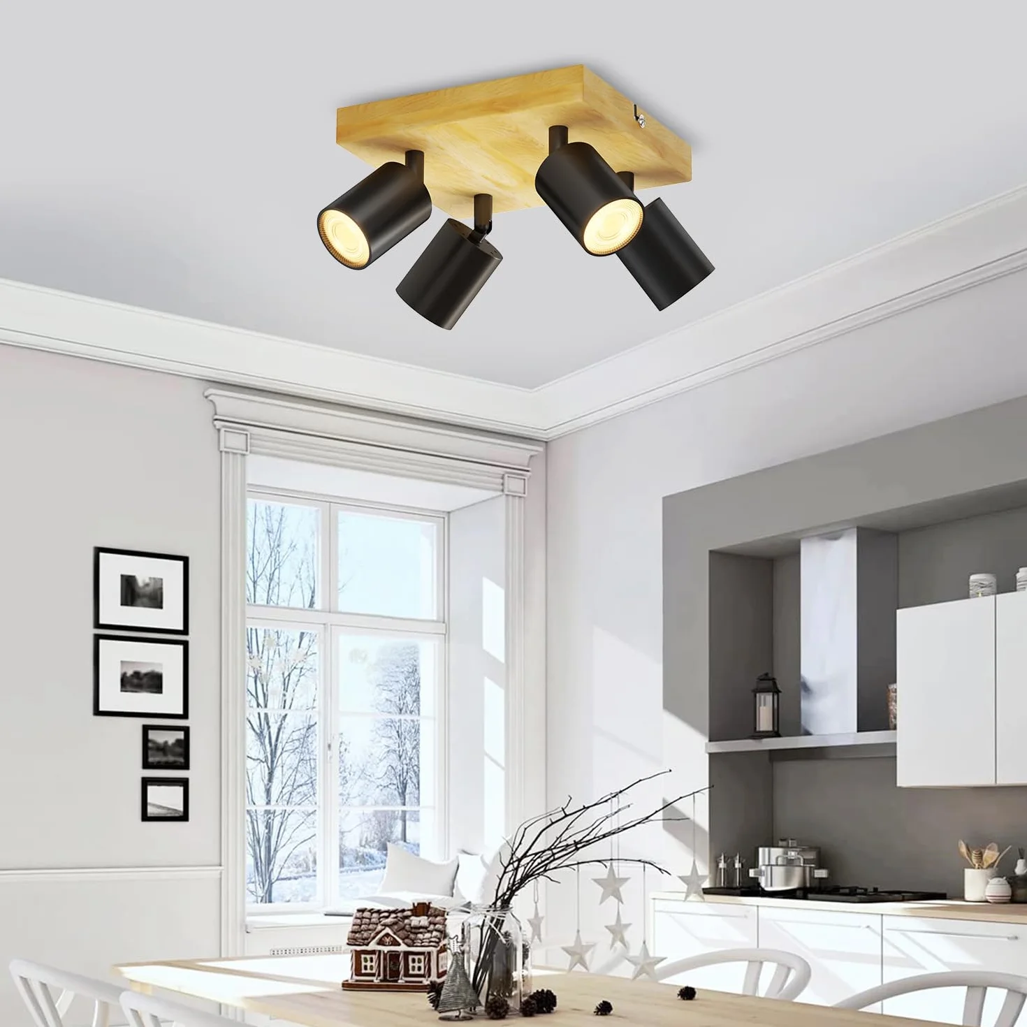 LVWIT Lampa sufitowa 4 reflektory LED GU10, czarne oświetlenie wewnętrzne, drewniana lampa sufitowa z kwadratową podstawą, reflektor sufitowy, żyrandol Led do salonu, kinkiet do sypialni (bez żarówek)