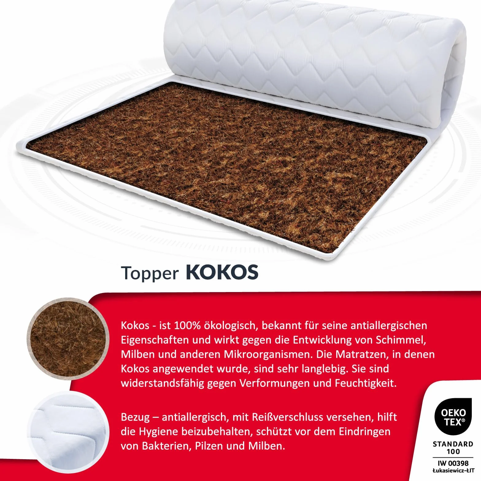 FDM Nakładka na materac KOKOS, 160 x 200 cm, stopień twardości H4, wysokość ok. 1 cm, nadaje się dla alergików, certyfikat Öko-Tex, kolor biały