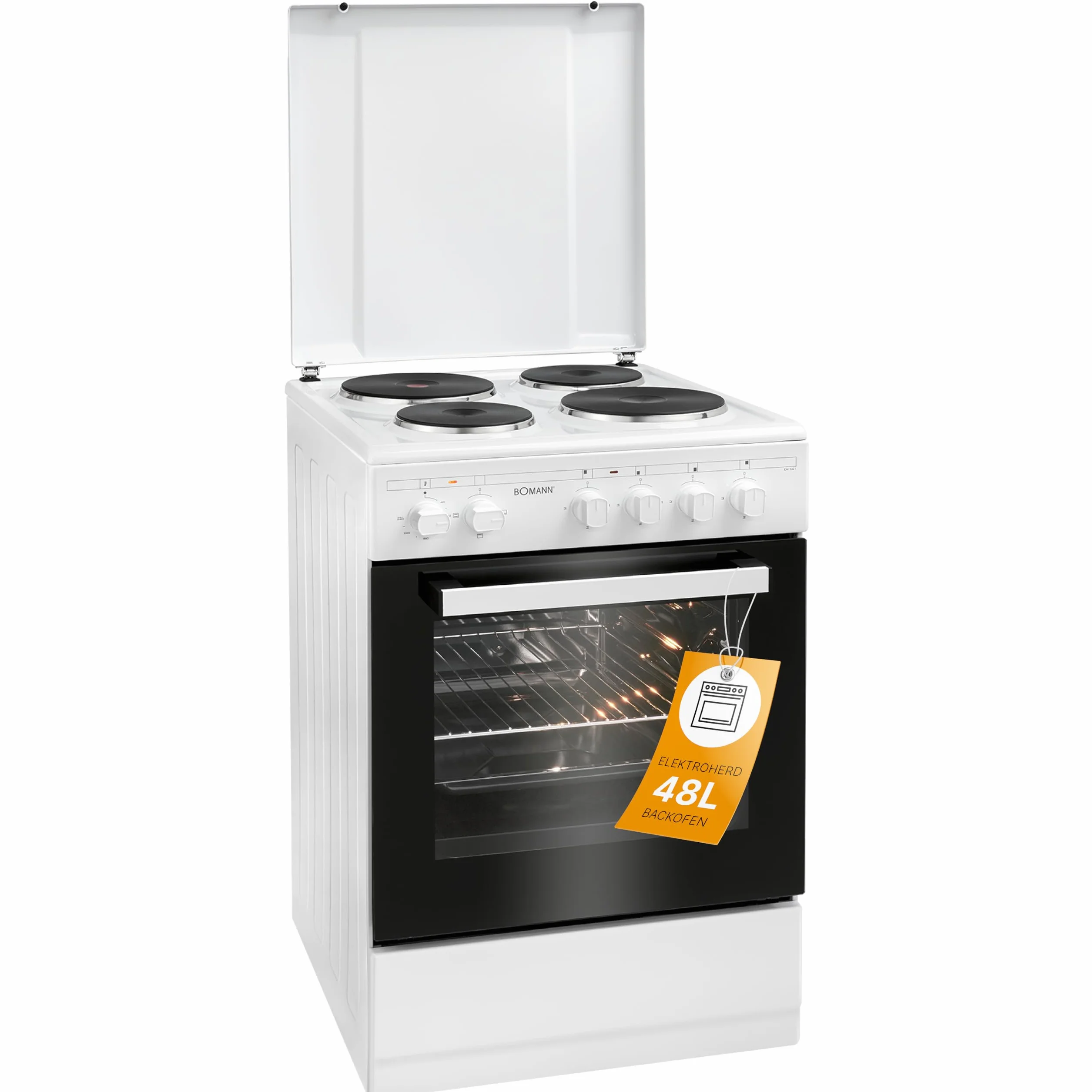 Bomann® Piekarnik 50 cm z kuchenką | kuchenka elektryczna wolnostojąca, 50 cm, z 4 palnikami, kuchenka stojąca z piekarnikiem 48 l, grzanie górne/dolne, 40°C – 240 °C, w zestawie blacha i ruszt do