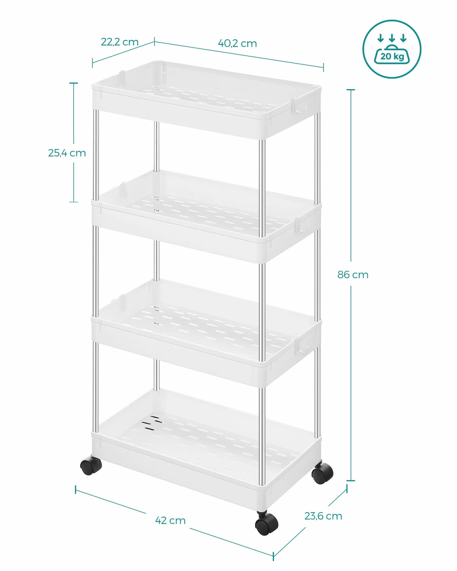 SONGMICS 4-poziomowy wózek do przechowywania na kółkach 40x22x86 cm biały KSC10WT