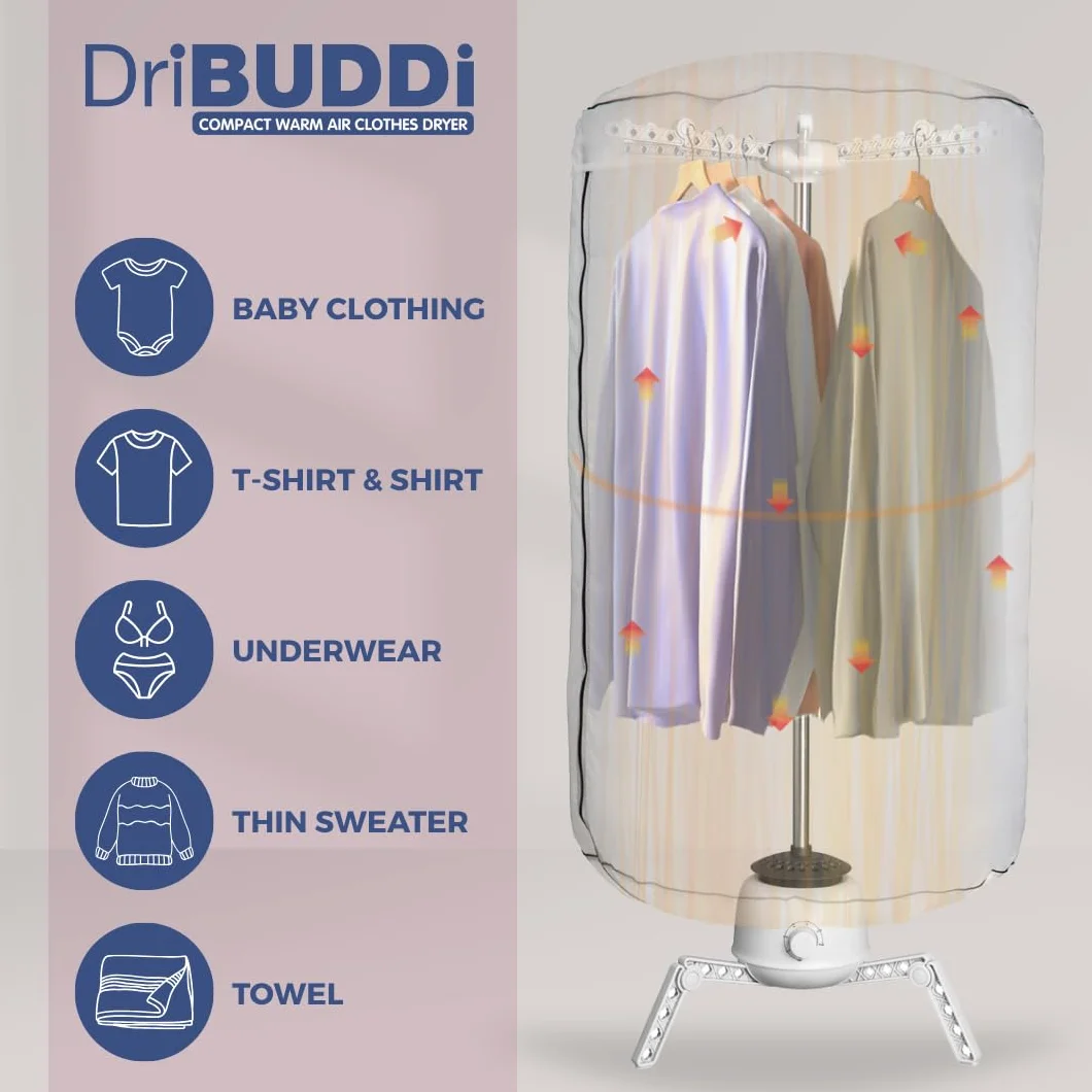 DriBUDDi Compact, elektryczna i przenośna suszarka do ubrań | 850 W, pojemność 10 kg, delikatne suszenie bez zagnieceń, oszczędność energii (nowy projekt 30% bardziej wydajny)