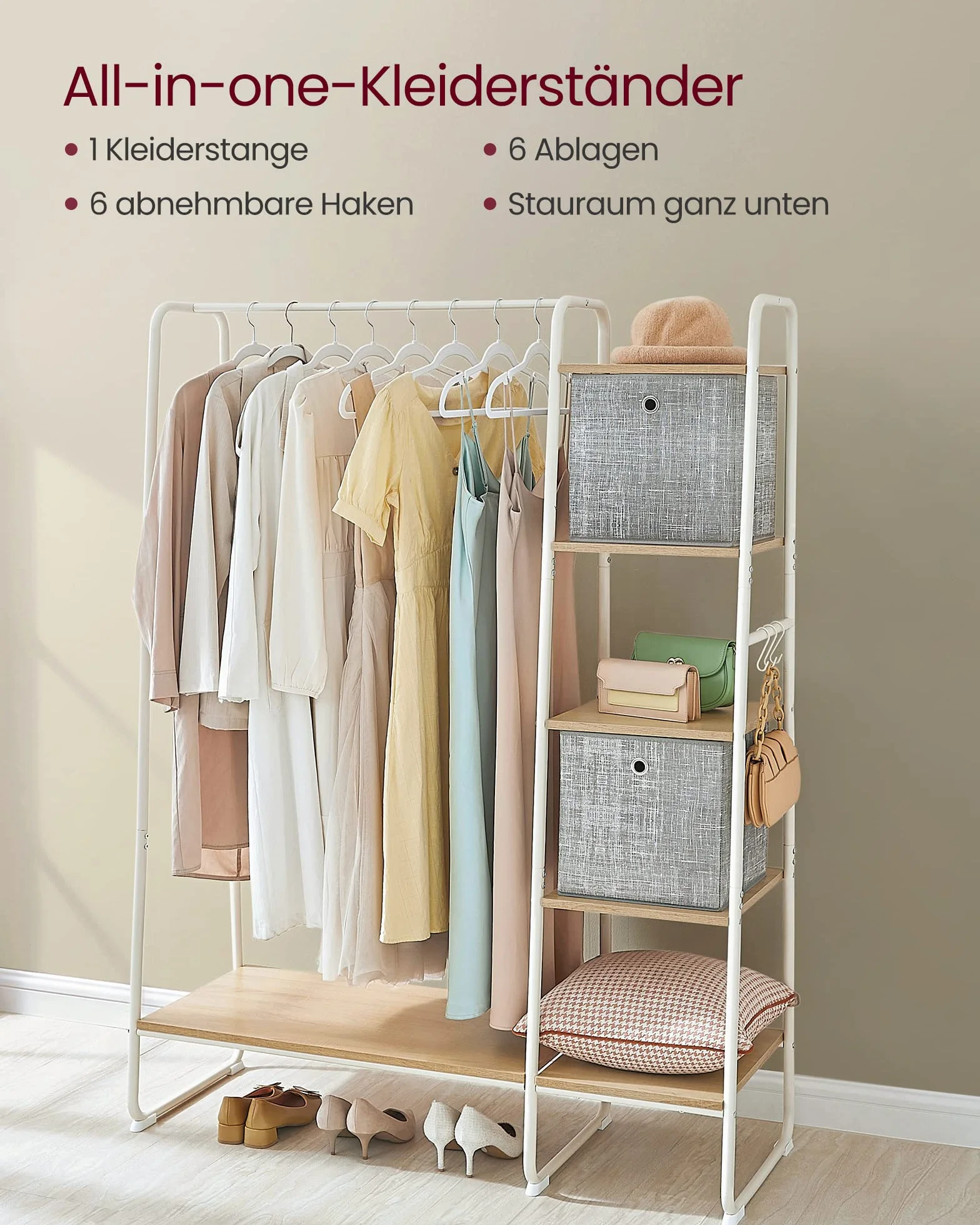 VASAGLE Wieszak na ubrania, wieszak na ubrania, z półką na buty, 5-poziomowy stojak do przechowywania, 6 haczyków bocznych, do sypialni, salonu, naturalny dąb i biały RGR116W09