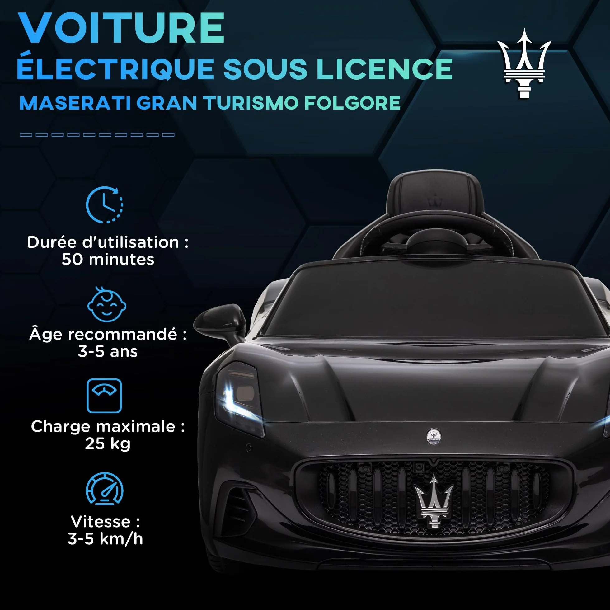 AIYAPLAY Maserati Gran Turismo Folgore, samochód elektryczny dla dzieci, 12 V, pilot zdalnego sterowania, reflektory LED, muzyka, klakson, MP3, samochód dla dzieci od 3 do 5 lat, czarny