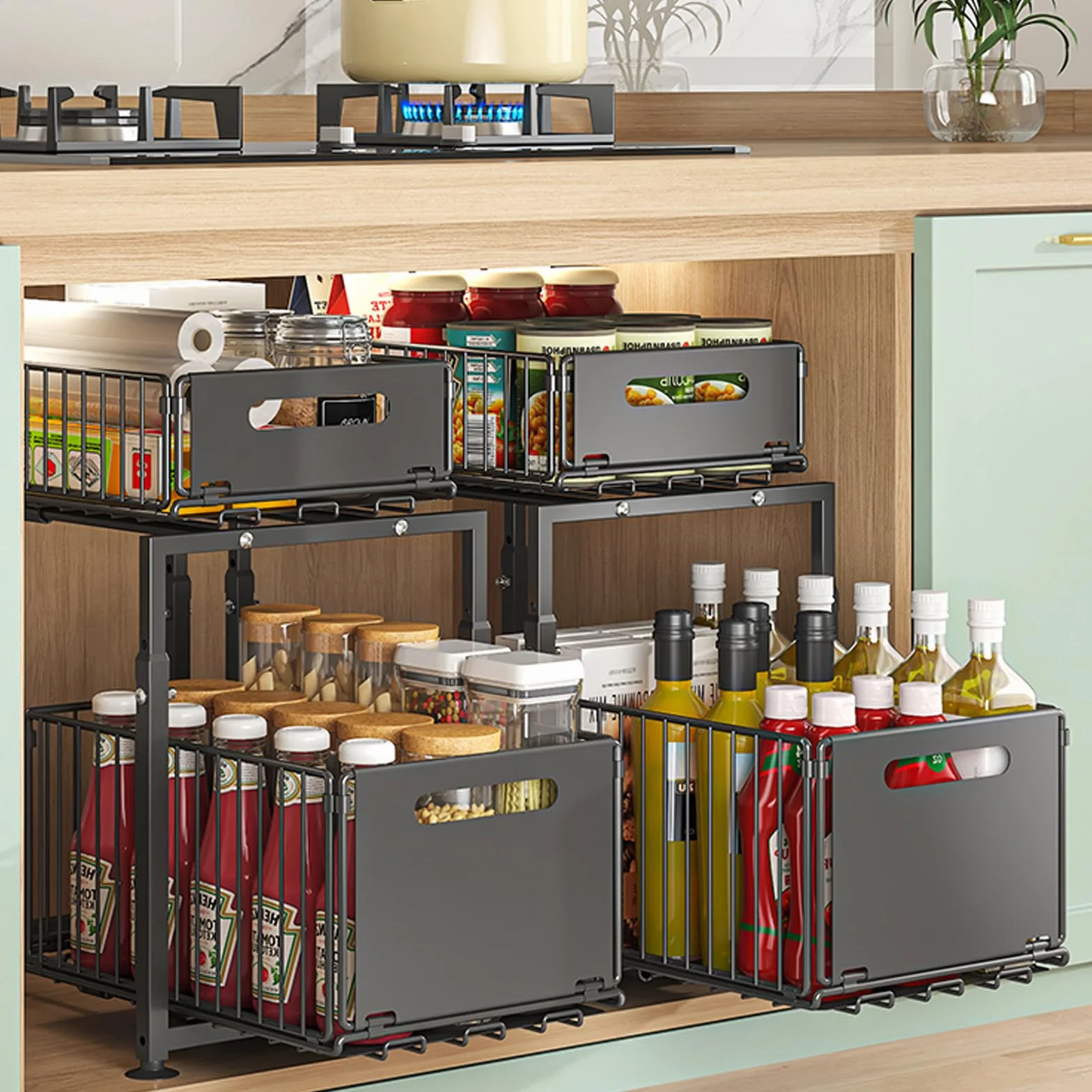 YunNasi Organizer pod Zlewozmywak, 2-Poziomowy, Metalowa Półka Kuchenna z Wysuwanym Systemem, Szary (Czarny, Model-A)