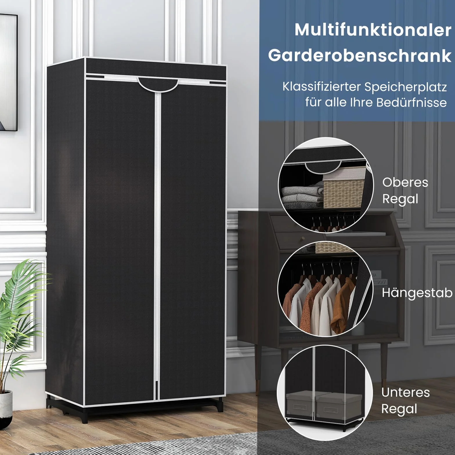 GOPLUS Szafa na ubrania, materiałowa szafa z zamkiem błyskawicznym i drążkiem na ubrania, składana szafa z materiału, do sypialni, 74 x 50 x 172 cm (czarna)
