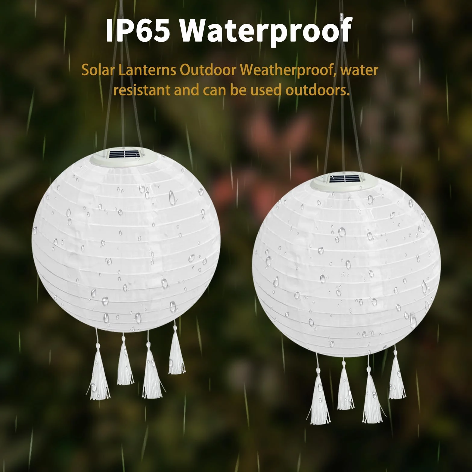 Lampiony solarne, 2 sztuki, 25 cm, do użytku na zewnątrz, odporne na warunki atmosferyczne, wodoszczelne lampiony LED z 4 frędzlami, wisząca nylonowa latarnia do ogrodu, na podwórko, balkon