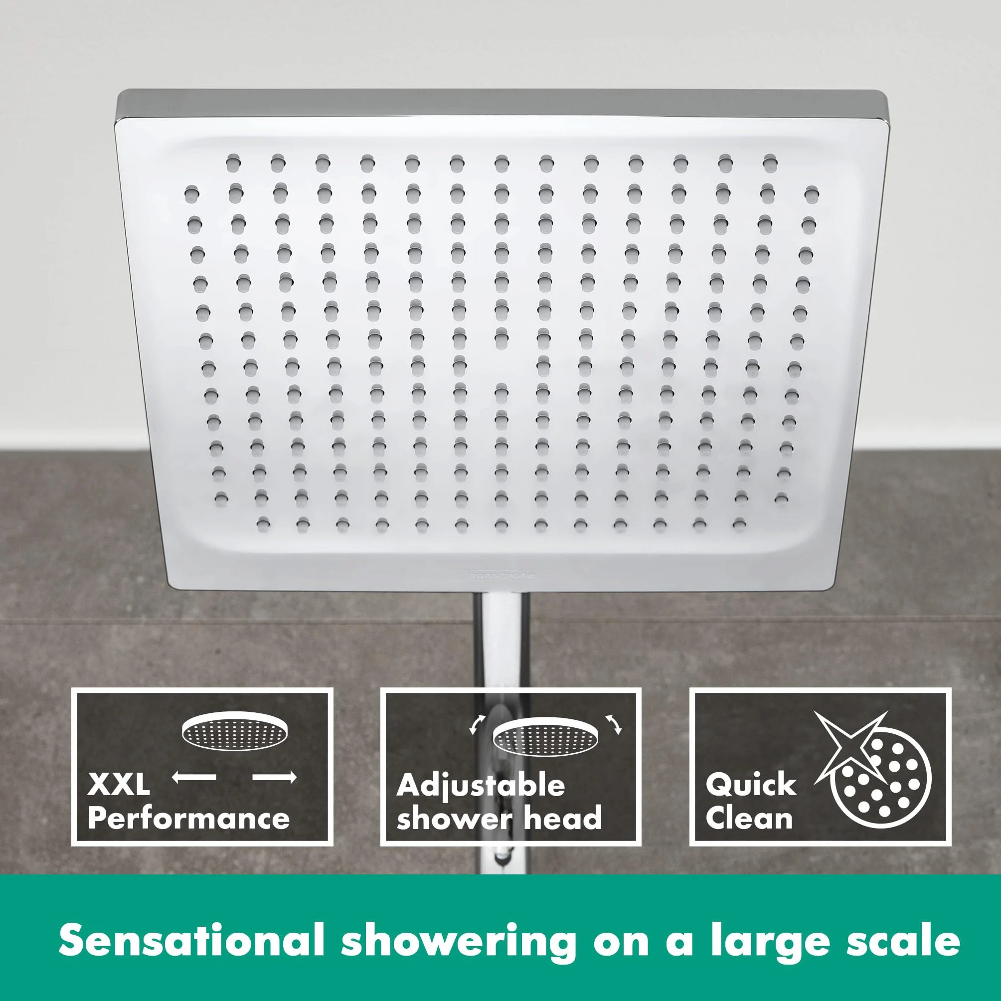 hansgrohe Crometta E - oszczędzający wodę komplet prysznicowy (EcoSmart) z termostatem, zestaw prysznicowy z główką prysznicowa, wąż, szyna i deszczownica kwadratowa (240x240mm), chrom, 27281000