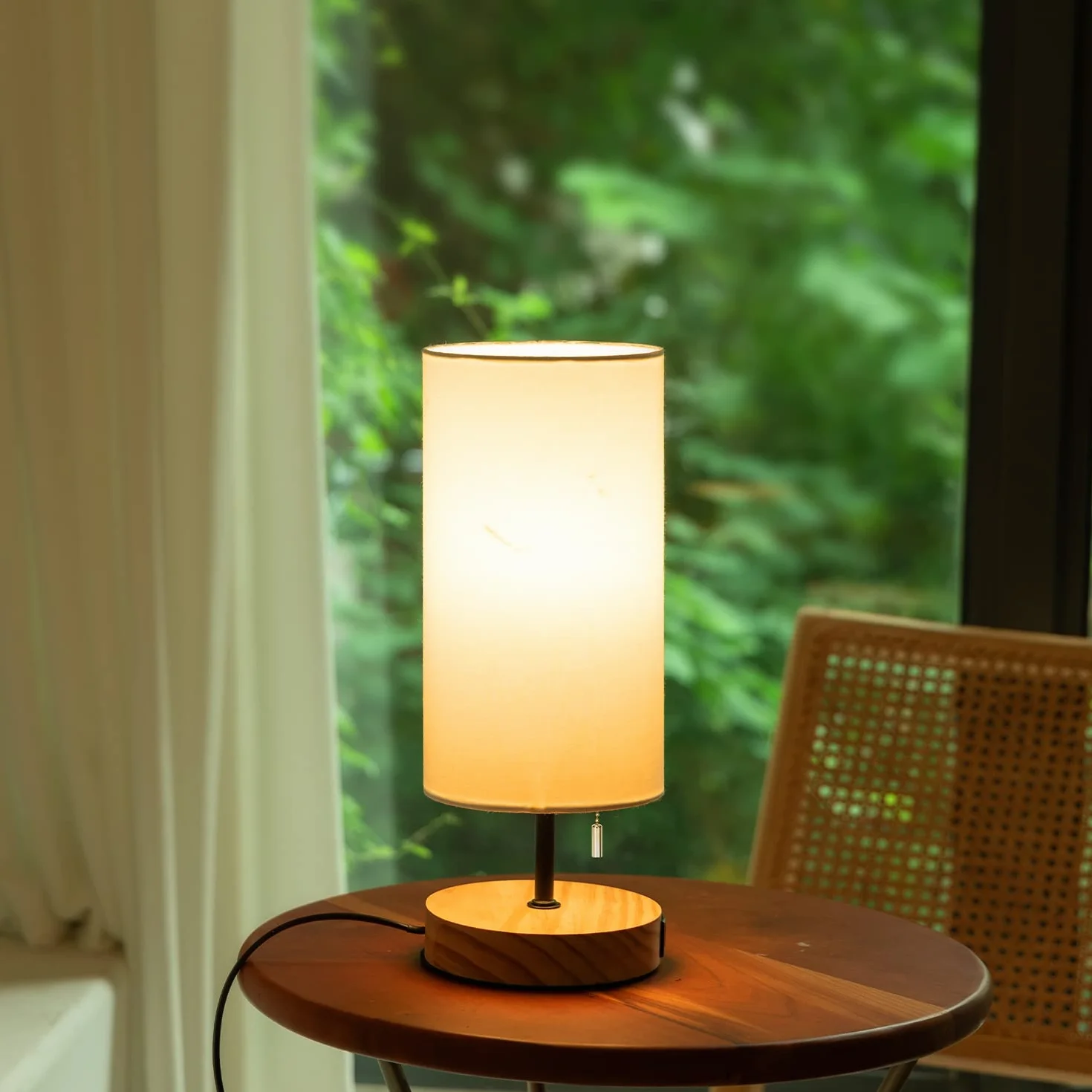 Lampa stołowa Aigostar z 2 portami ładowania USB, lampka nocna z włącznikiem pociąganym, drewniana podstawa, zabytkowa lampa biurkowa do salonu, sypialni, biura