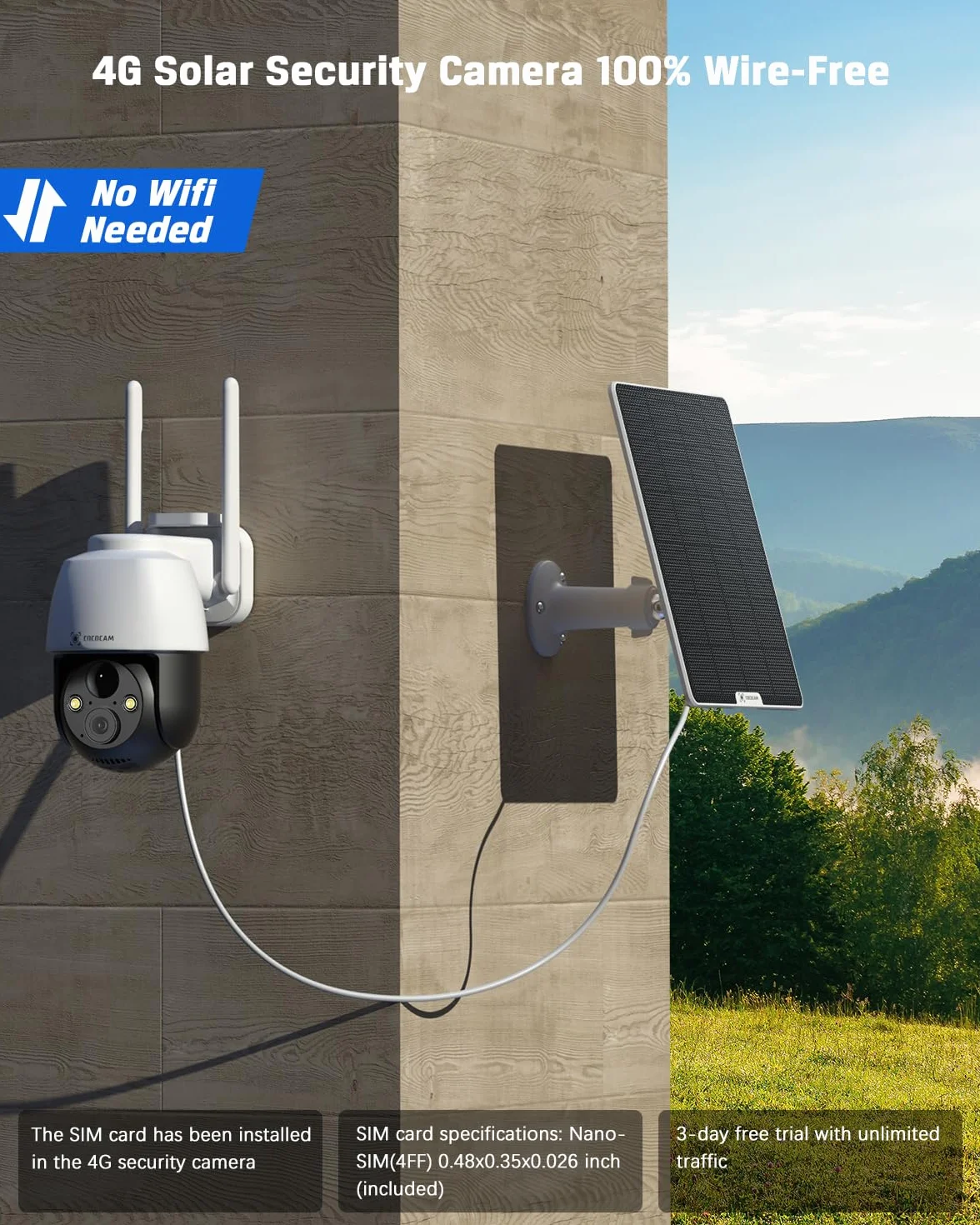 COCOCAM 3G/4G LTE bez kamery bezpieczeństwa WiFi, słoneczna kamera bezpieczeństwa 2K na zewnątrz, bezprzewodowa, wykrywanie ludzi PIR, rozpoznawanie AI,karta SIM w zestawie, współpracuje z Alexą