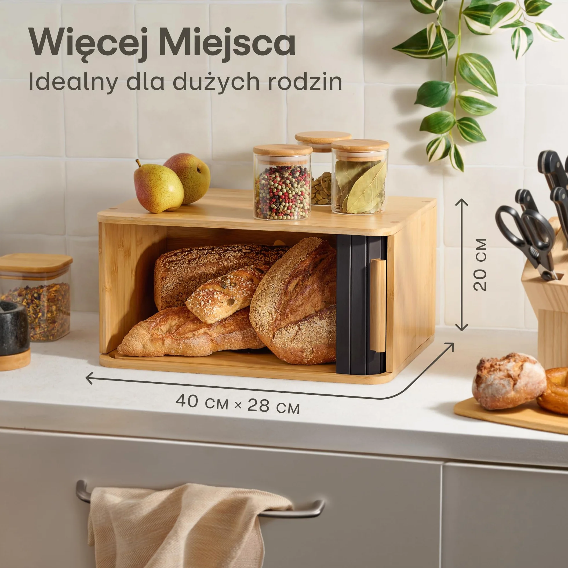 Bambusowy Pojemnik Na Chleb Duży - Fsc® Z Przesuwanymi Drzwiczkami - Przechowywanie Pieczywa 40 x 28cm - Oszczędza Miejsce - Dłużej Zachowuje Świeżość - Czarny