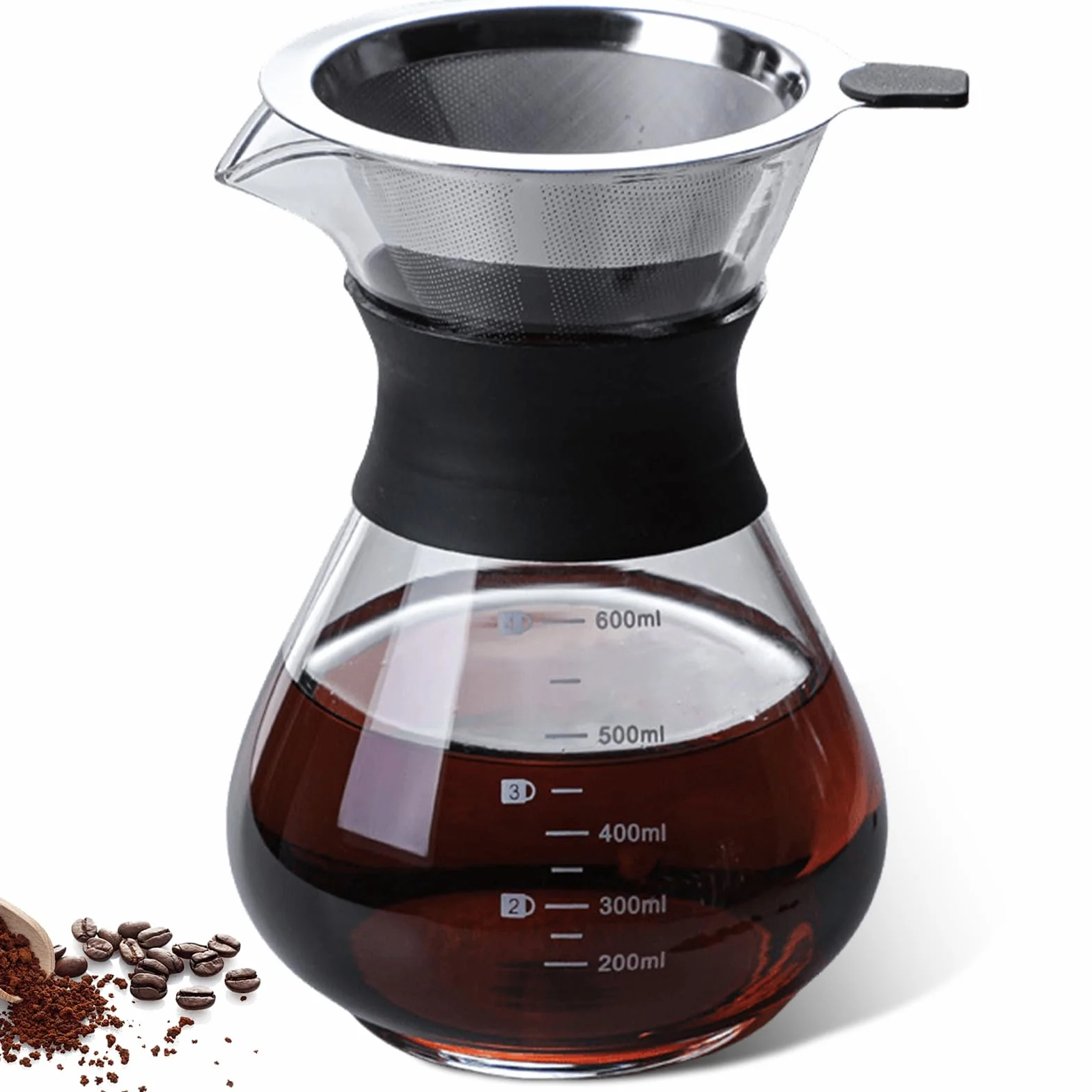 GOMETY Pour Over zaparzacz do kawy, 600 ml, szklany dzbanek borokrzemowy z dwuwarstwowym filtrem ze stali nierdzewnej, filtr permanentny, zaparzacz do kawy