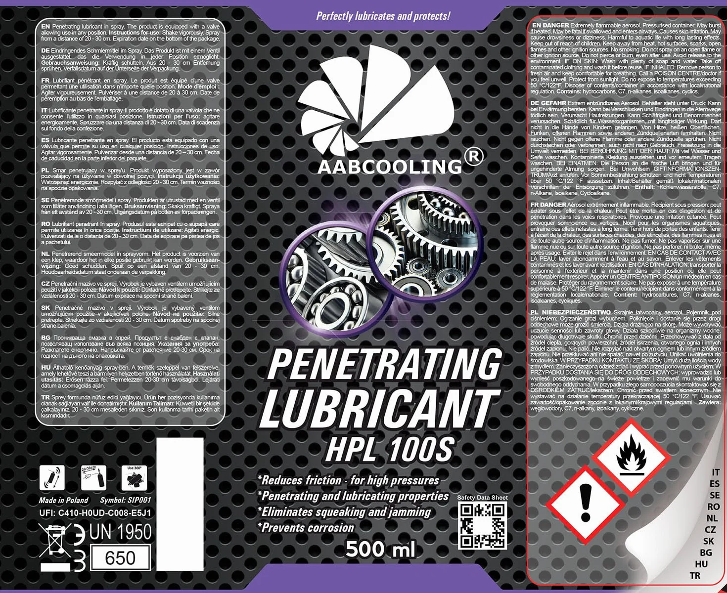 AABCOOLING HPL 100S Penetrating Lubricant Spray 500ml Smar uniwersalny przeciw wilgoci, Smar, Łańcuch, Zawiasy, Motocykl, Samochód, Produkt wielofunkcyjny, Eliminuje skrzypienie K2