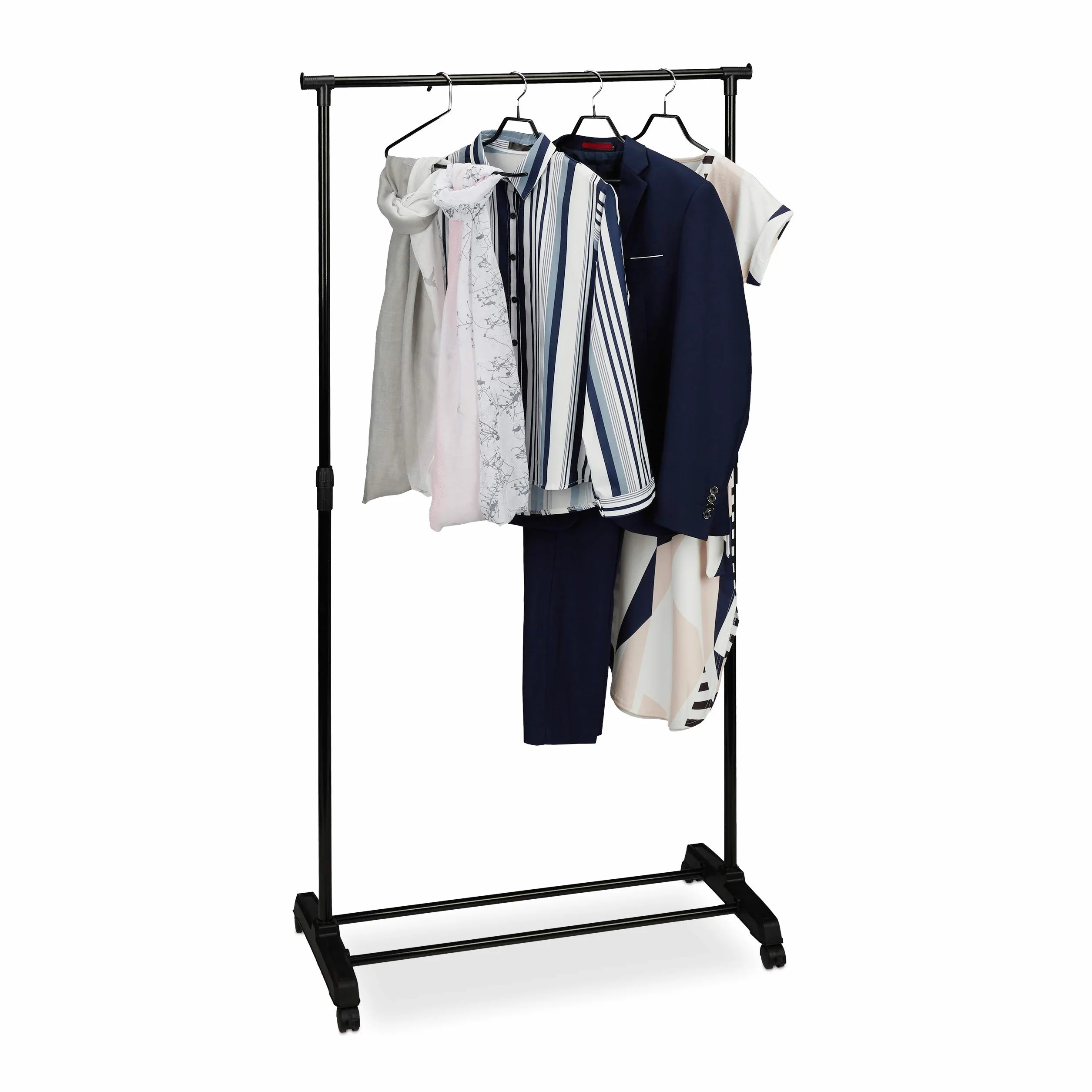 Relaxdays Ruchomy wieszak na ubrania, stabilna garderoba na kółkach z półką, żelazo, regulacja wysokości 102,5 – 180,5 cm, czarny