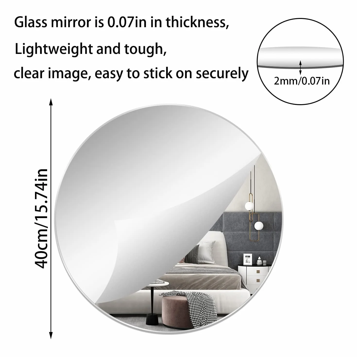 TSKDKIT Okrągłe lustro ścienne 40 cm samoprzylepne okrągłe szklane lustro HD duże lustro ścienne 40 cm lusterko do makijażu bez ramy dekoracyjne lustro ścienne do łazienki, sypialni, salonu, drzwi itp