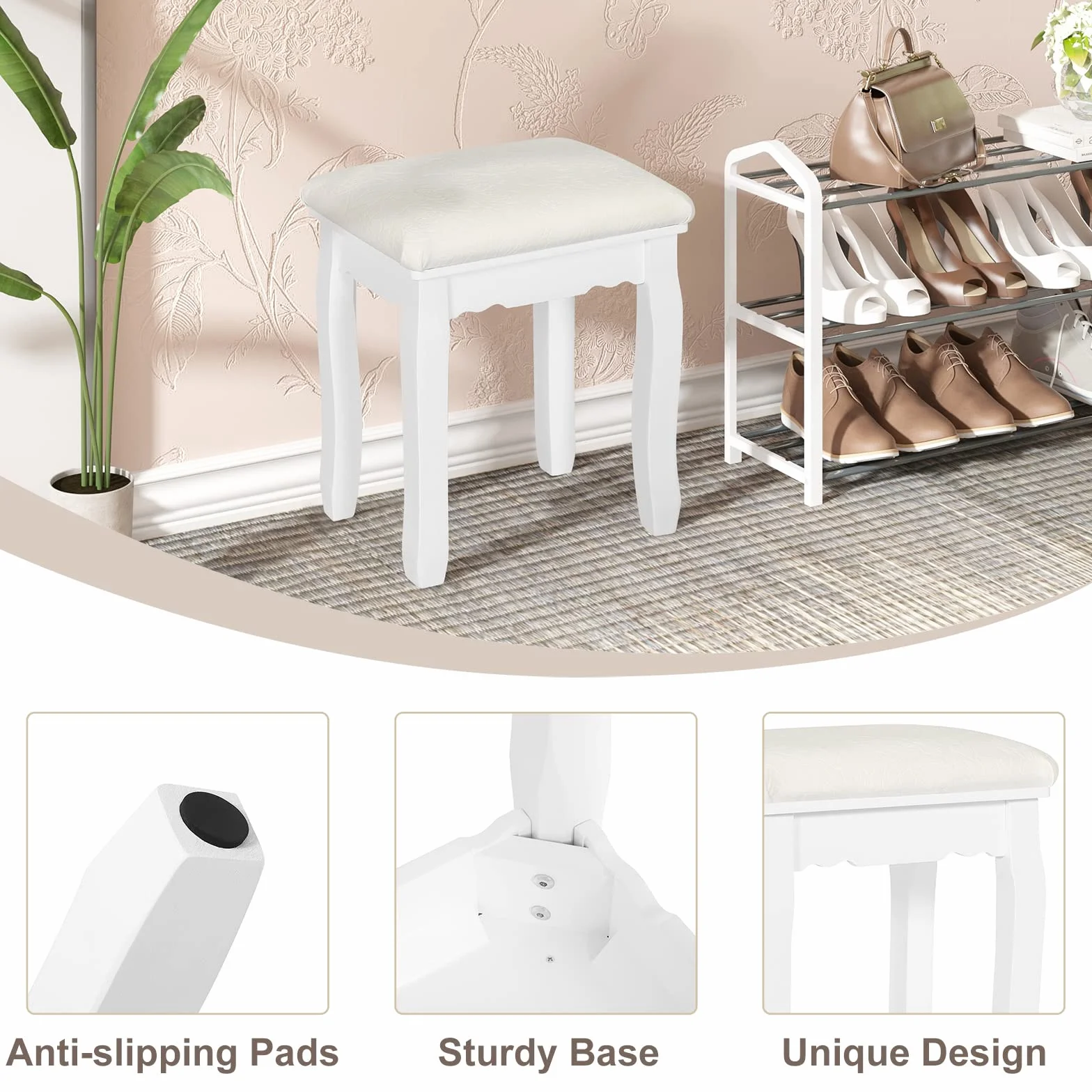 WOLTU MB6095ws taboret do makijażu w stylu wiejskim, do toaletki, aksamitny, do fortepianu, taboret kosmetyczny, taboret tapicerowany do sypialni, 38 x 45 x 28,5 cm, nogi z litego drewna, biały